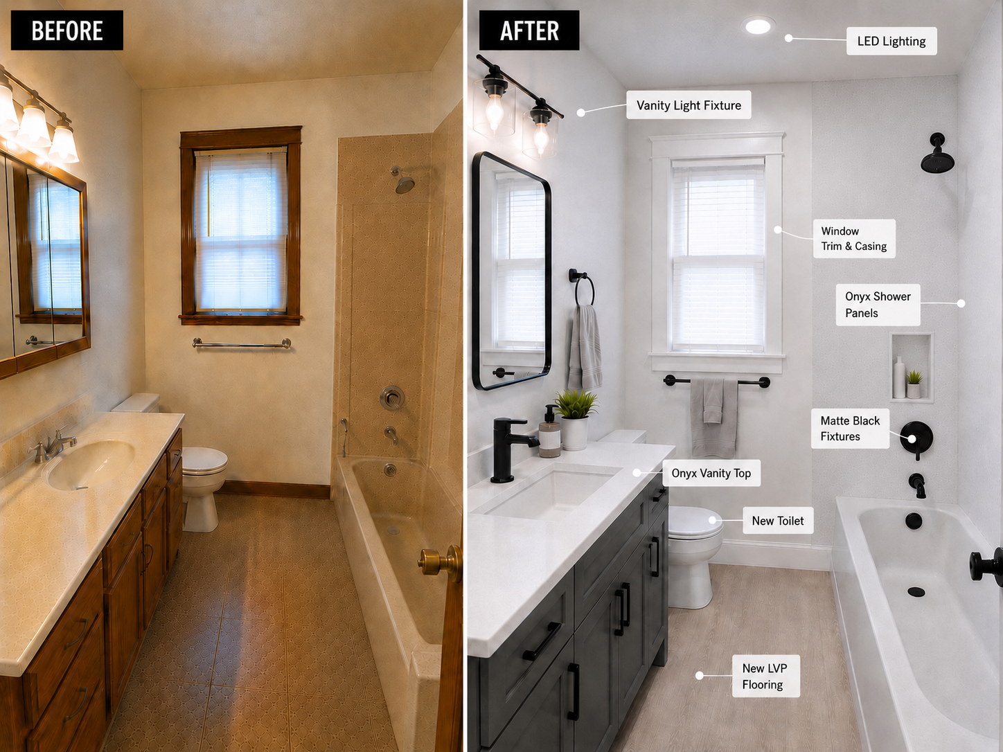Comparison of a bathroom before and after renovation showing modernized design with white walls, black fixtures, new vanity, lighting, and flooring.