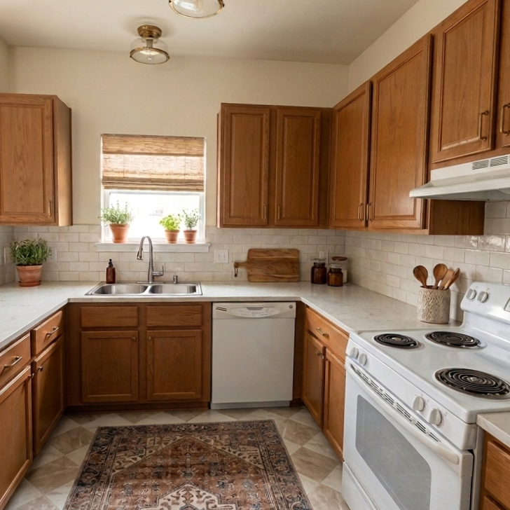 Traditional kitchen makeover for military housing featuring warm cabinetry and timeless renter-friendly design.