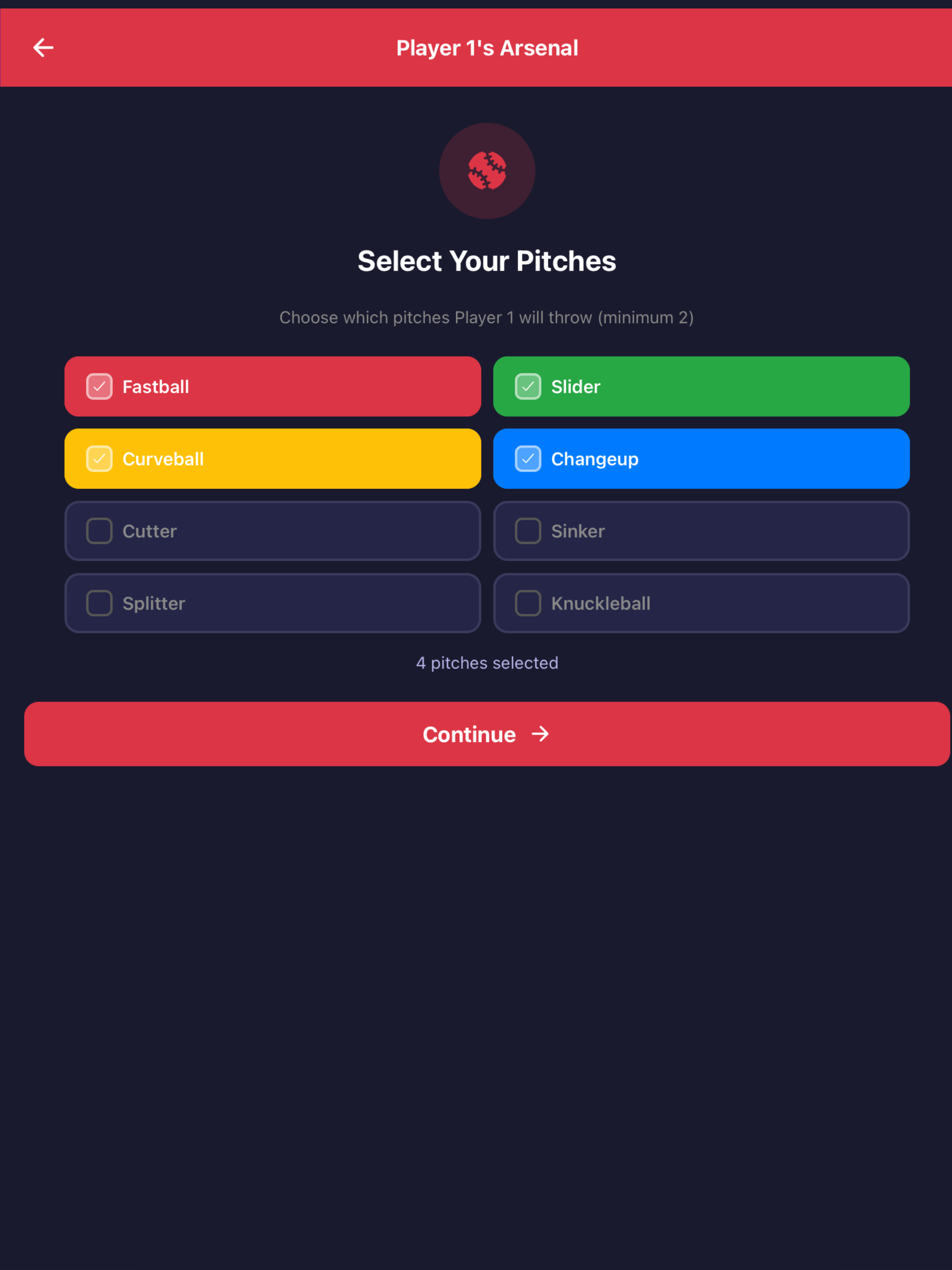 Mobile app screen for selecting baseball pitches, with options such as Fastball, Curveball, Slider, Changeup, Cutter, Sinker, Splitter, and Knuckleball.