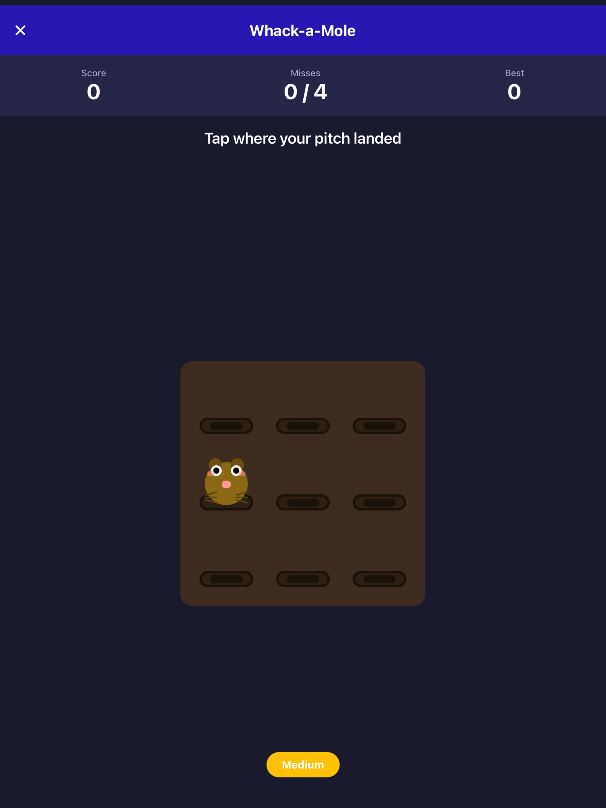 Screenshot of a mobile game called 'Whack-a-Mole' with a dark background, showing a brown mole with pink nose, big eyes, and black whiskers, peeking out from a hole. There is a yellow button labeled 'Medium' at the bottom.