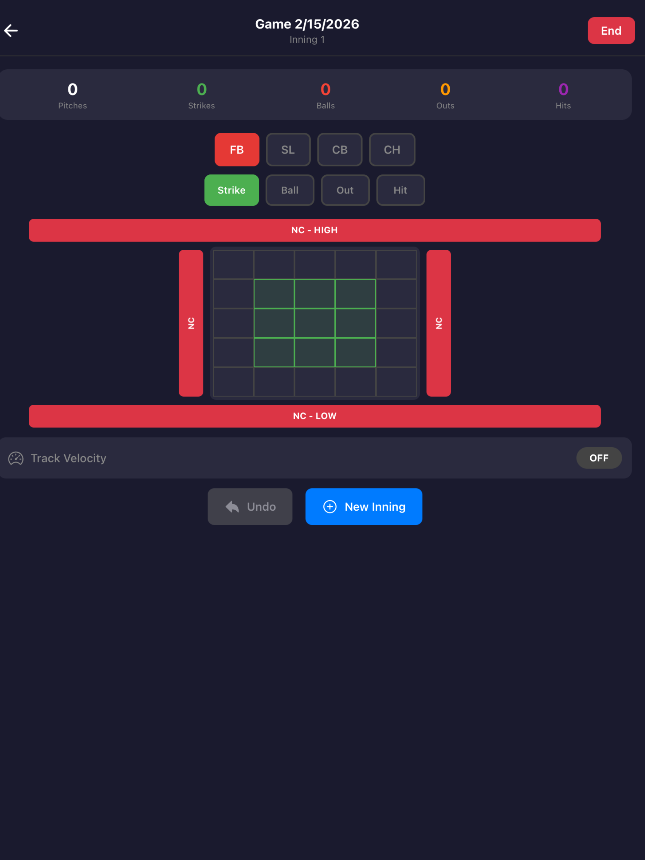 Soccer scoreboard showing game date February 15, 2026, with no pitches, strikes, balls, outs, or hits. An interface for inputting game actions with options for fouls, strikes, balls, and hits. A soccer field diagram with red and green areas indicatin