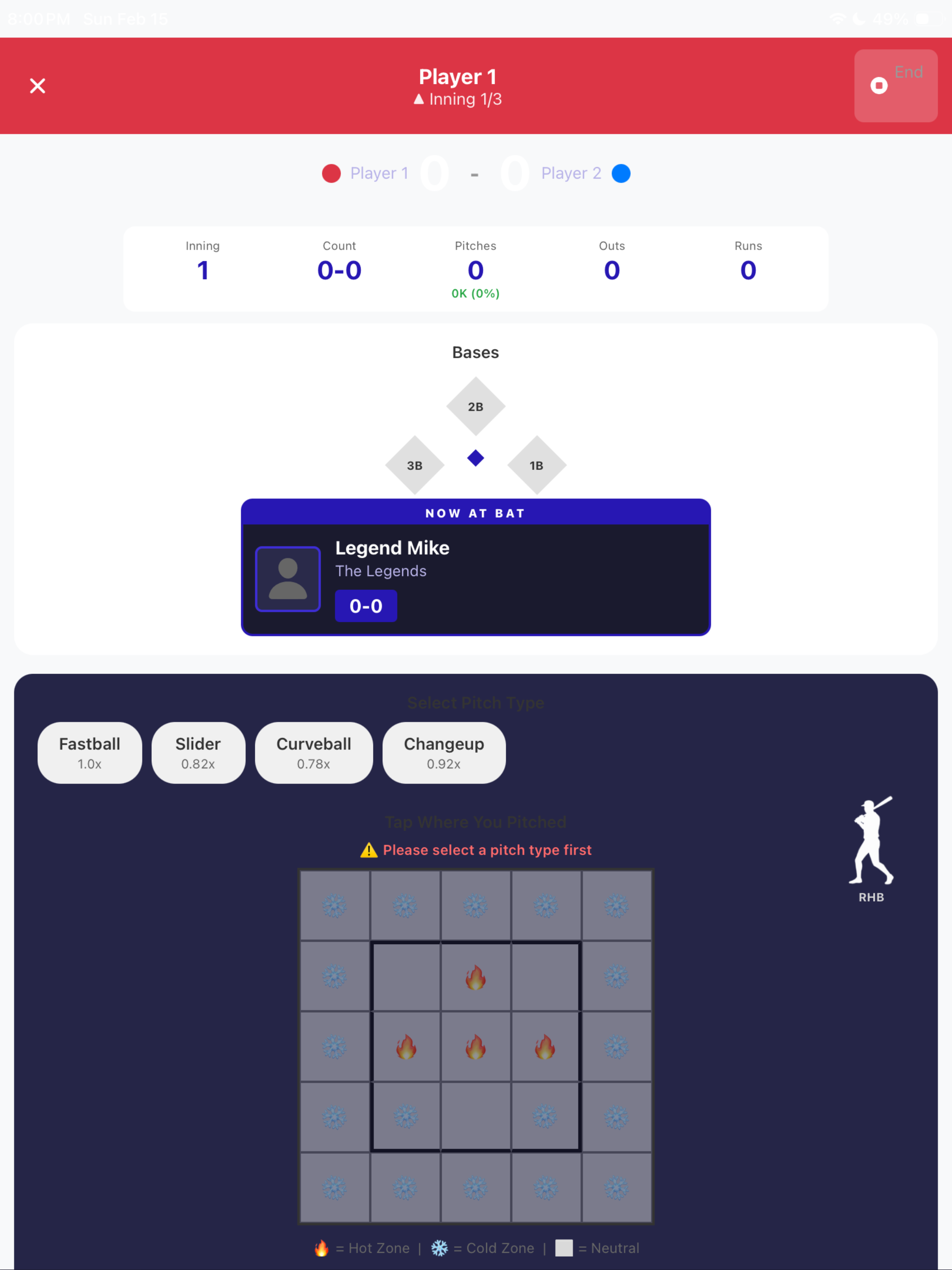 A digital baseball game interface showing the inning, score, player information, pitch selection options, and a grid of pitches with zones indicating hot, cold, and neutral areas.