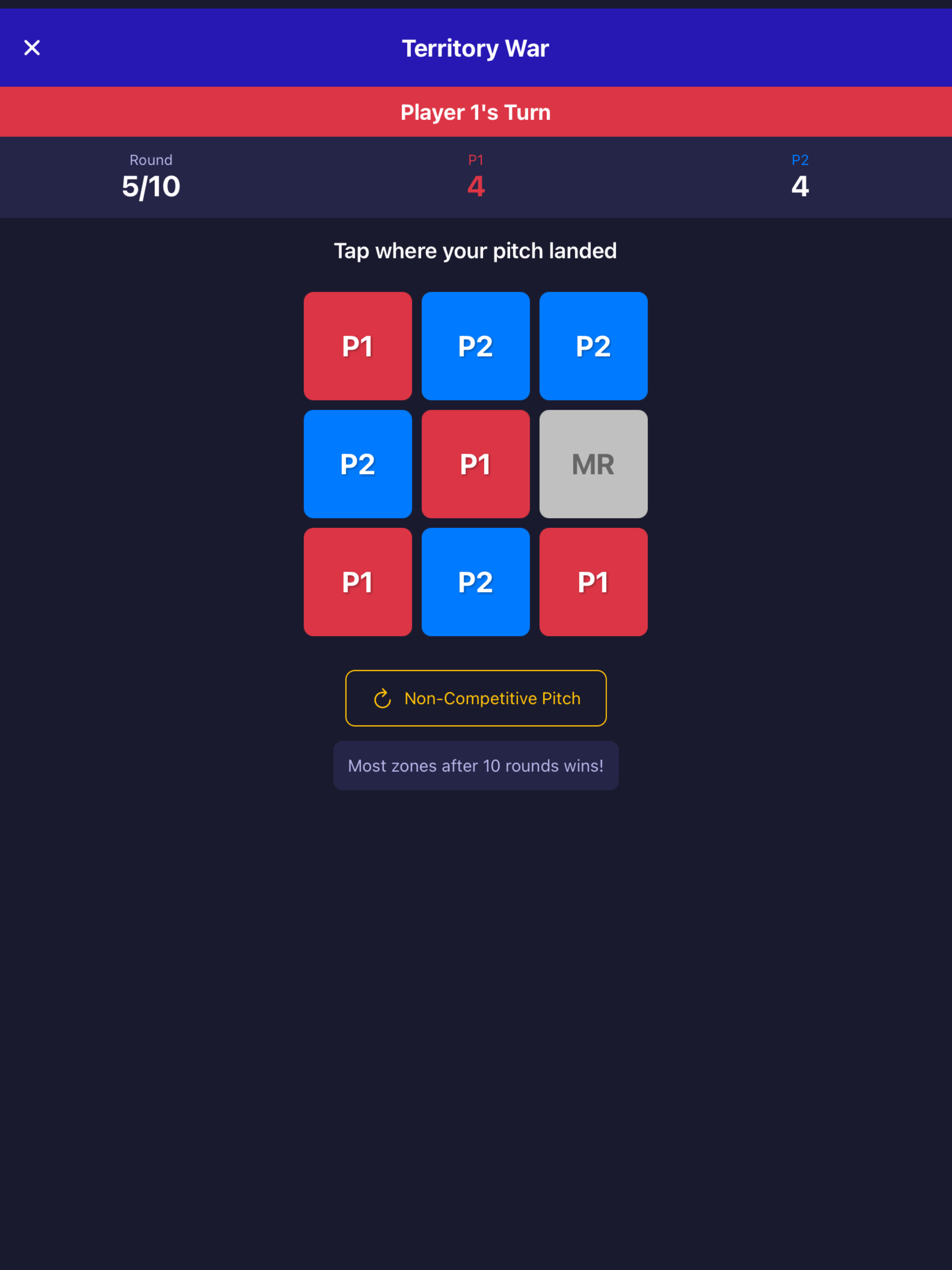 Screenshot of a mobile game called 'Territory War'. The game screen shows the player's turn, rounds, and a 3x3 grid with colored squares labeled P1, P2, or MR, indicating different players or modes. There is a button for 'Non-Competitive Pitch' and a