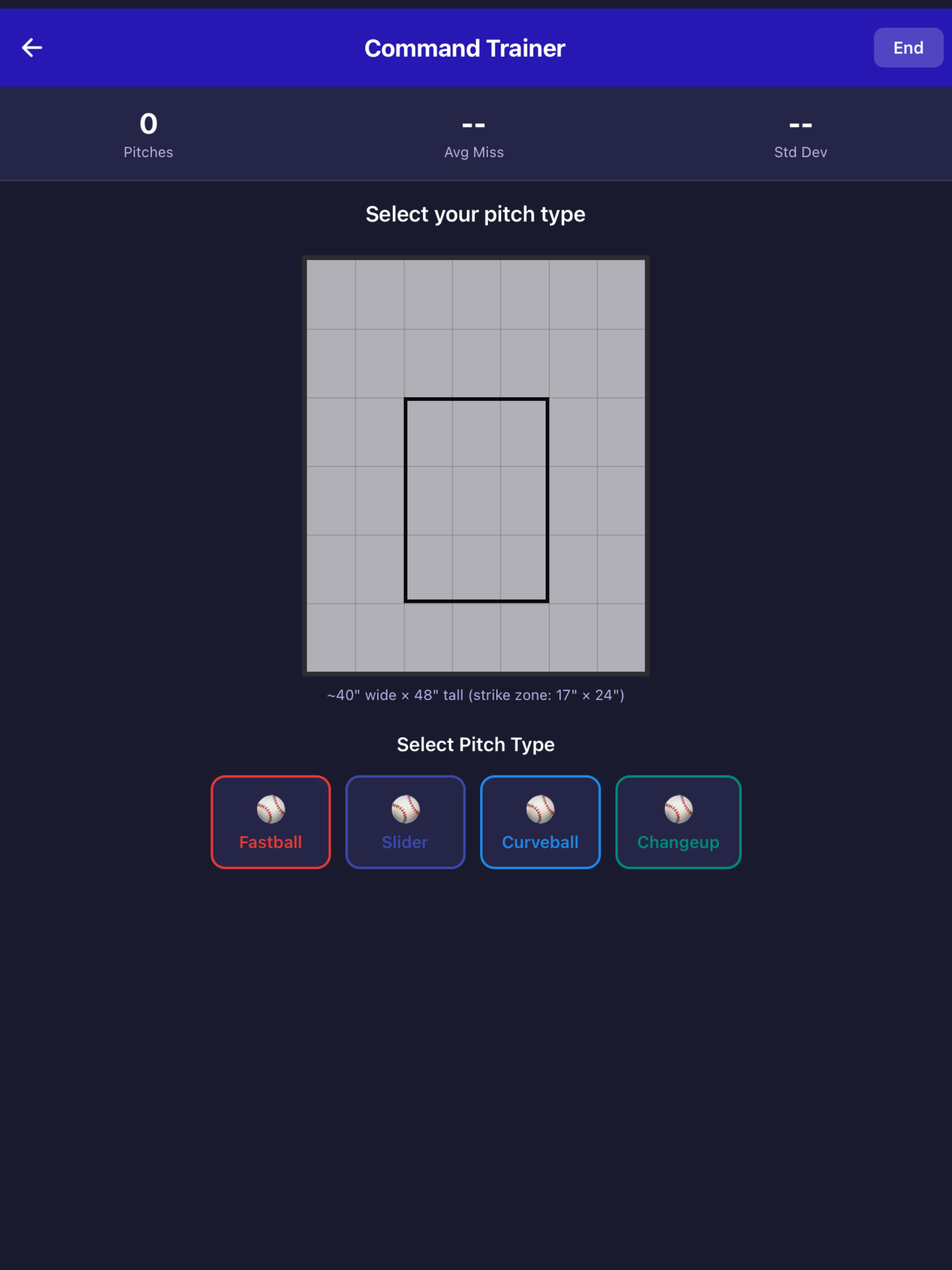 Screenshot of a mobile app interface titled Command Trainer, showing options to select pitch type including Fastball, Slider, Curveball, and Changeup, with a graphical grid and pitch statistics at the top.