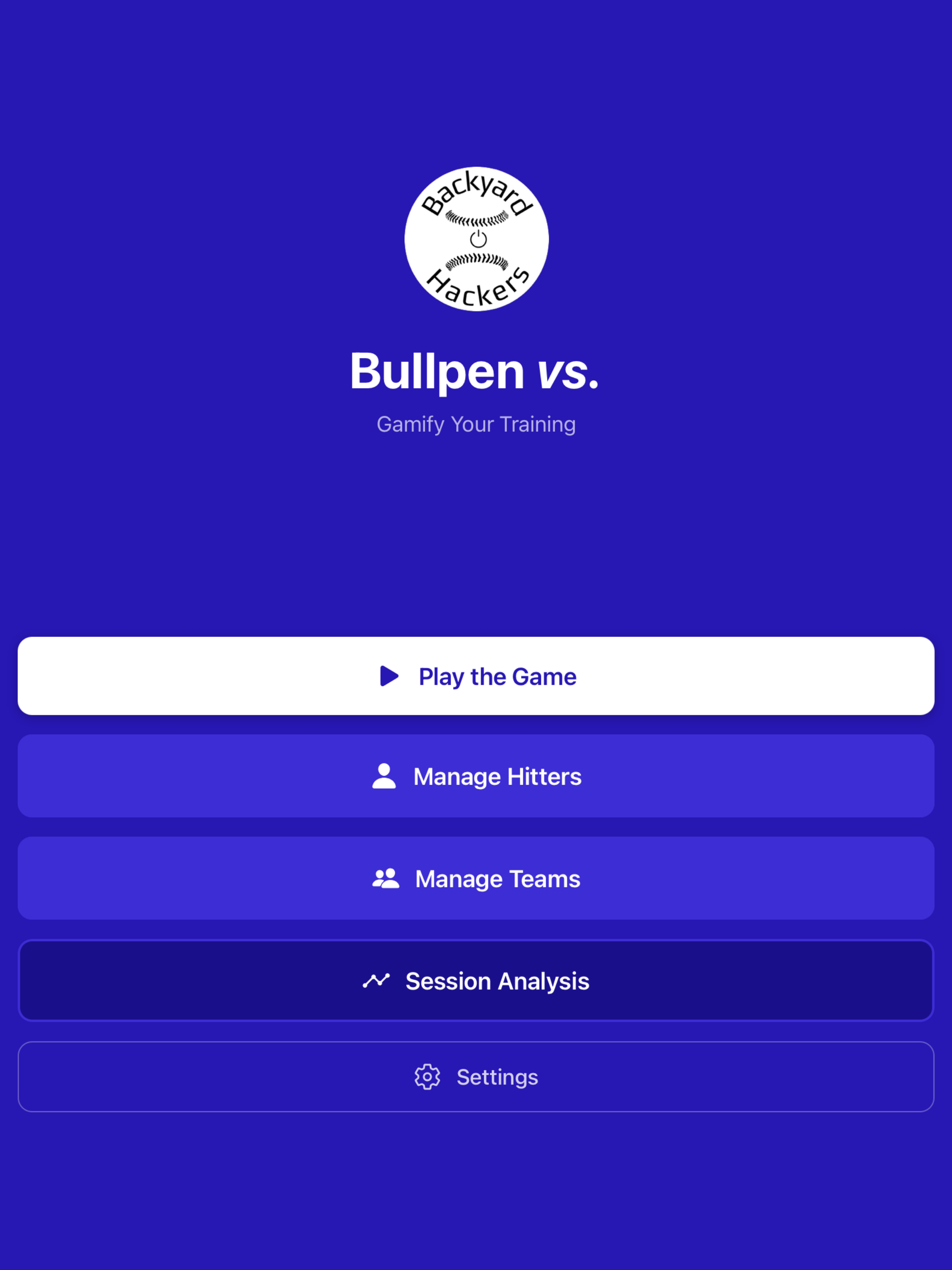 Mobile app interface with a blue background, featuring menu options: Play the Game, Manage Hitters, Manage Teams, Session Analysis, and Settings.
