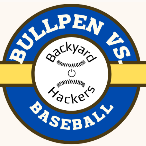 Logo for Backyard Hackers Baseball with text 'BULLPEN VS BASEBALL' and a central circle with 'Backyard Hackers' and baseball-related graphics.