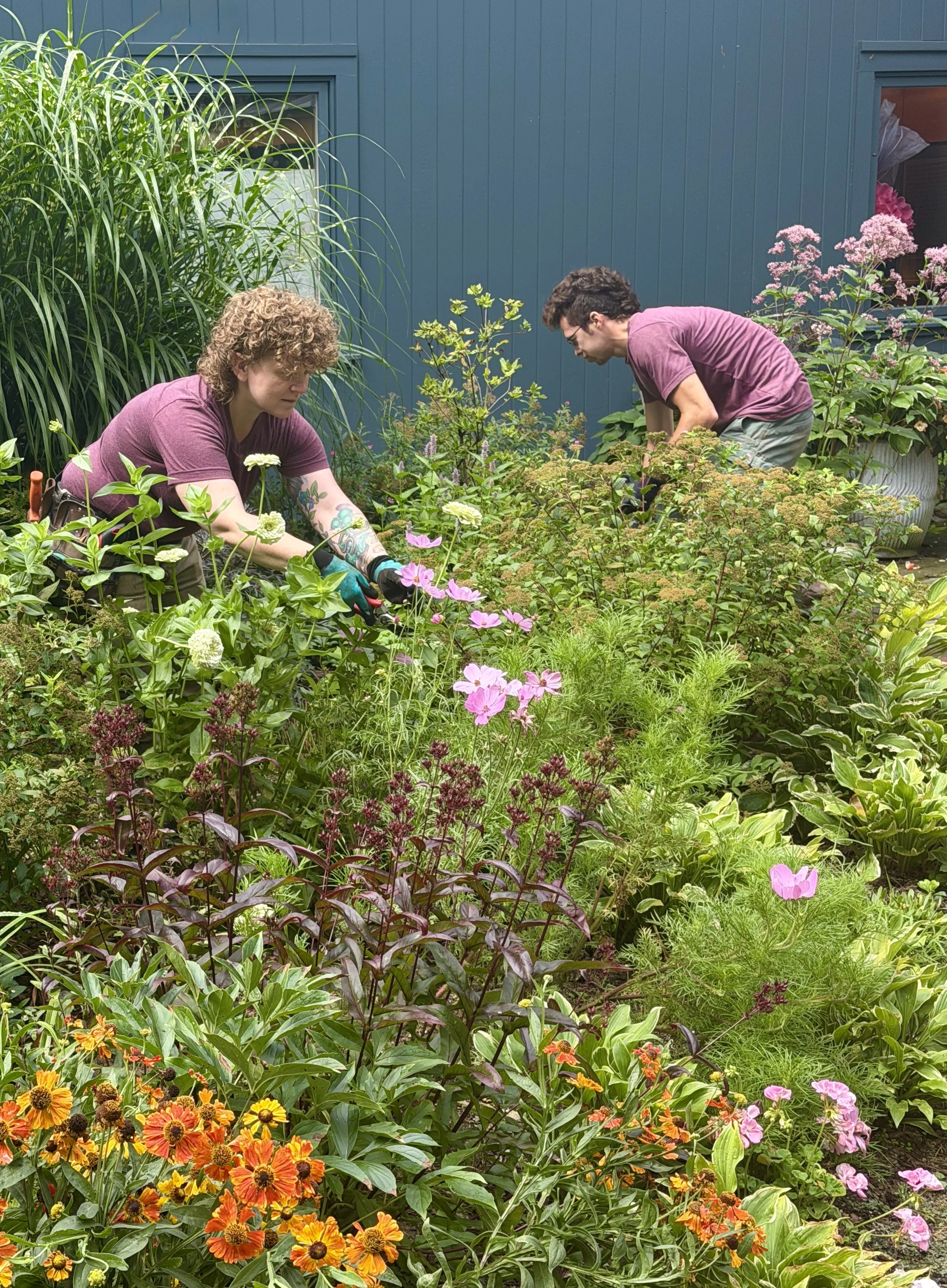 Two people, one with curly hair and tattoos, and the other with short dark hair and glasses, are gardening amidst colorful flowers and green plants in front of a blue house.