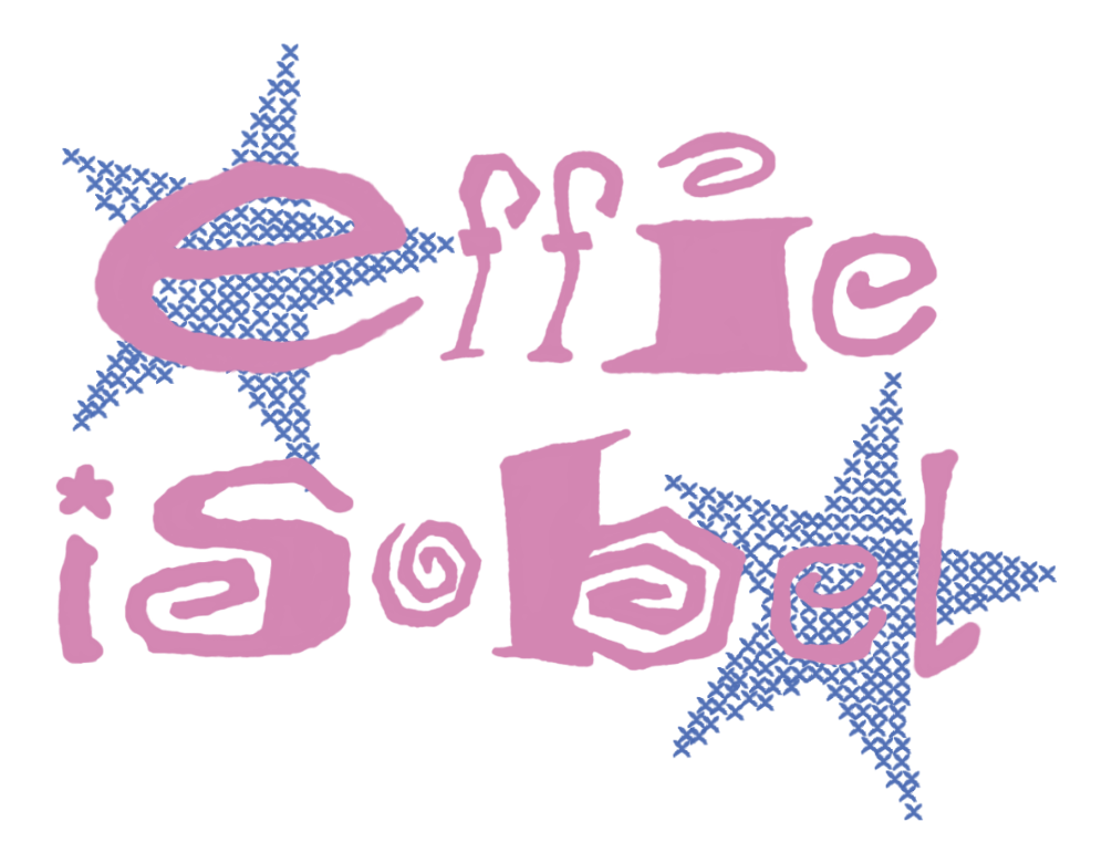 Pink text says 'effie isobel' with blue star decorations around it.