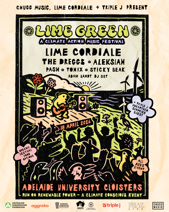 A colorful illustrated poster for the Lime Green music festival held at Adelaide University Cloisters on April 18, 2026. The poster features a cartoon bear playing guitar on a stage with speakers, a setting sun, wind turbines in the background, and an audience raising their hands. It promotes a climate-conscious event with multiple performers and features a surprise guest. Additional details include mentions of an organic festival with food options and an all-ages event, with sponsorship logos at the bottom.