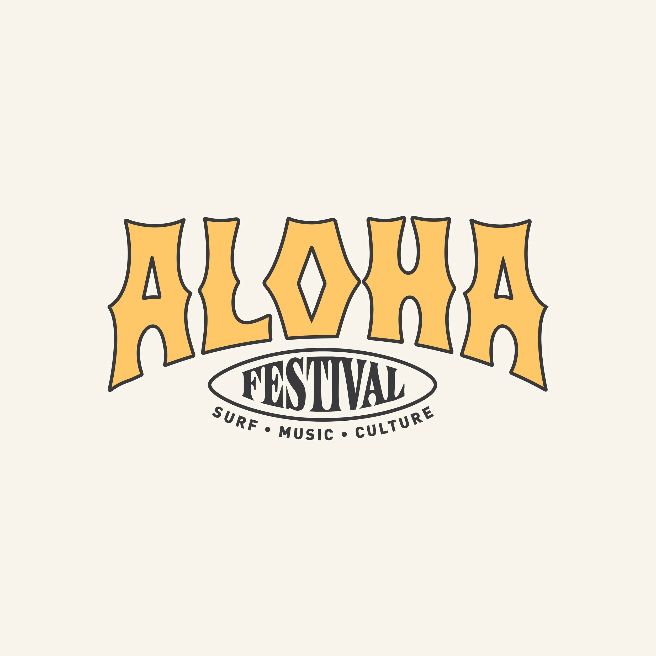 Graphic with the words 'Aloha Festival 2027' in large yellow letters, and smaller text below reading 'Festival, Surf, Music, Culture' on a light background.