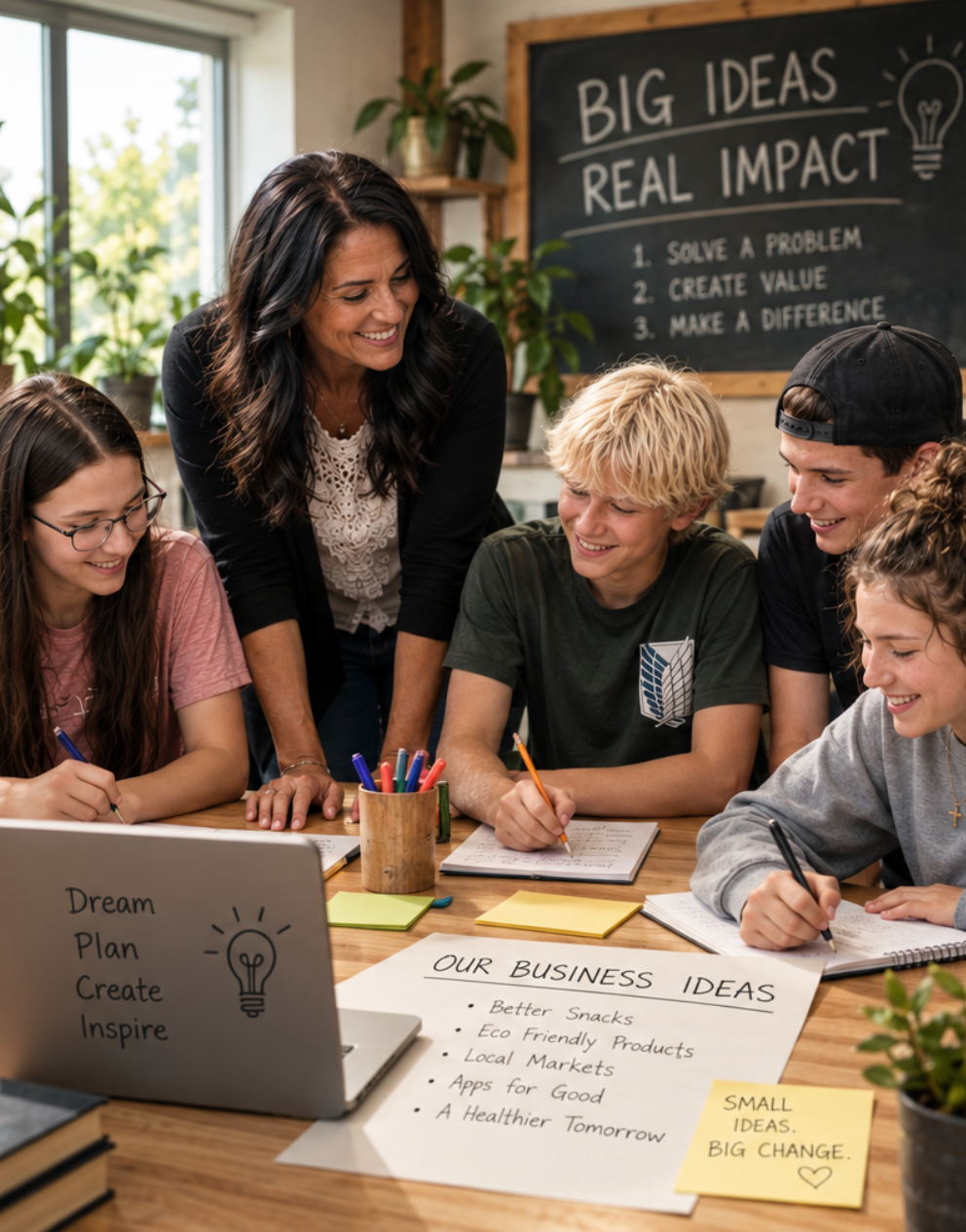 A woman and four teenagers in a classroom looking at a notebook and smiling. On the table are notebooks, colorful pens, a laptop with a lightbulb drawing and words 'Dream, Plan, Create, Inspire,' and a paper titled 'Our Business Ideas' with ideas like 'Better Snacks,' 'Eco Friendly Products,' and 'Local Markets.' In the background, a blackboard reads 'Big Ideas, Real Impact' with steps and a lightbulb drawing.