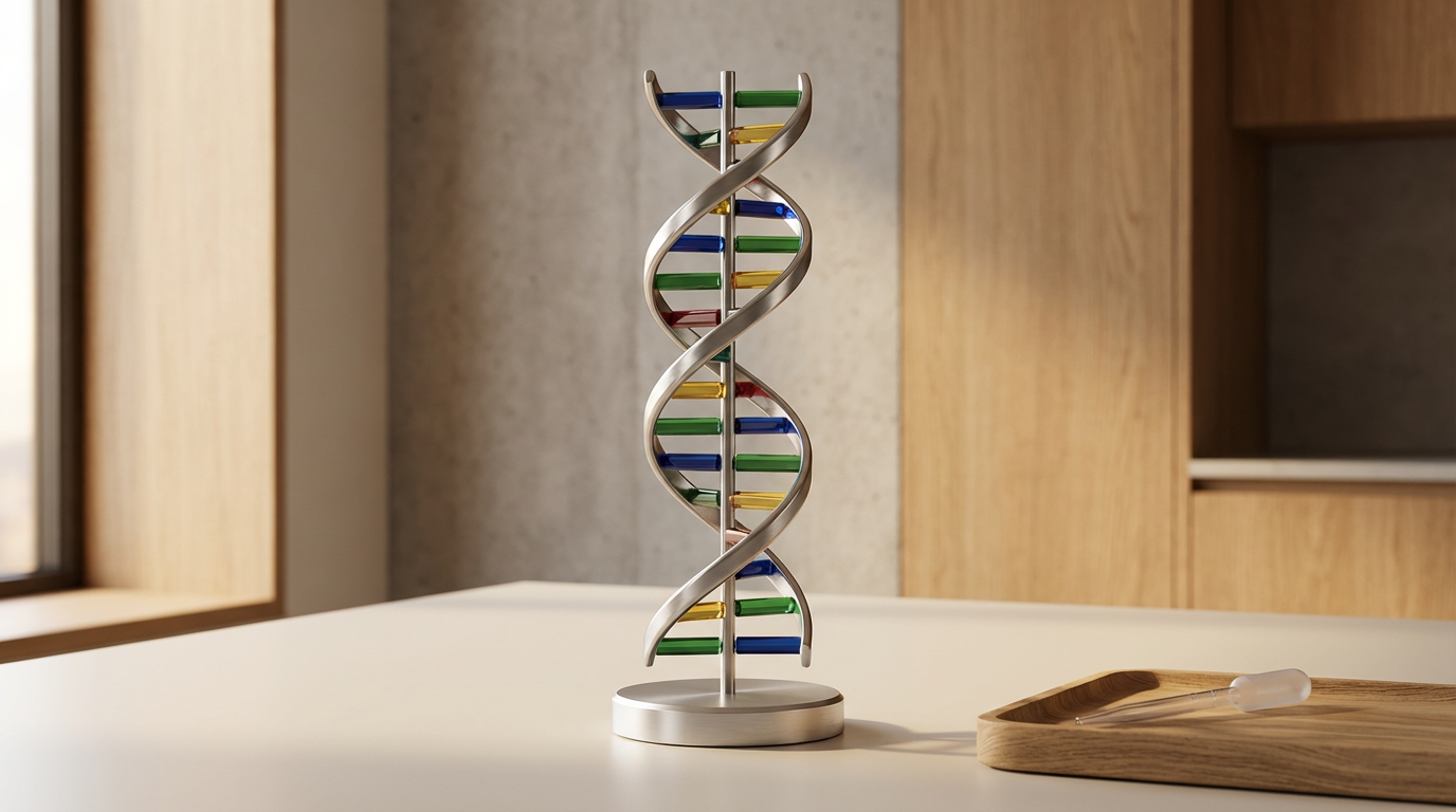 A decorative metal DNA double helix model on a white table with a wooden tray and pipette inside.