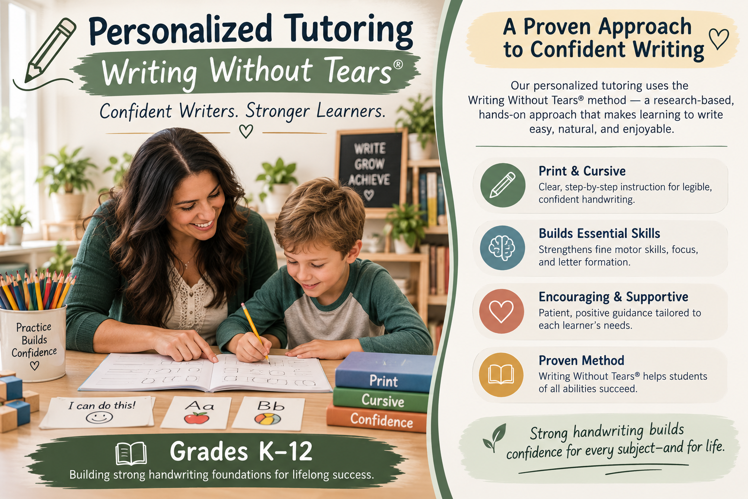Poster advertising personalized tutoring for writing without tears for grades K-12, emphasizing confidence, with an image of a teacher and a young student practicing handwriting at a desk. Features criteria like print and cursive instruction, skill building, encouragement, and a proven method.