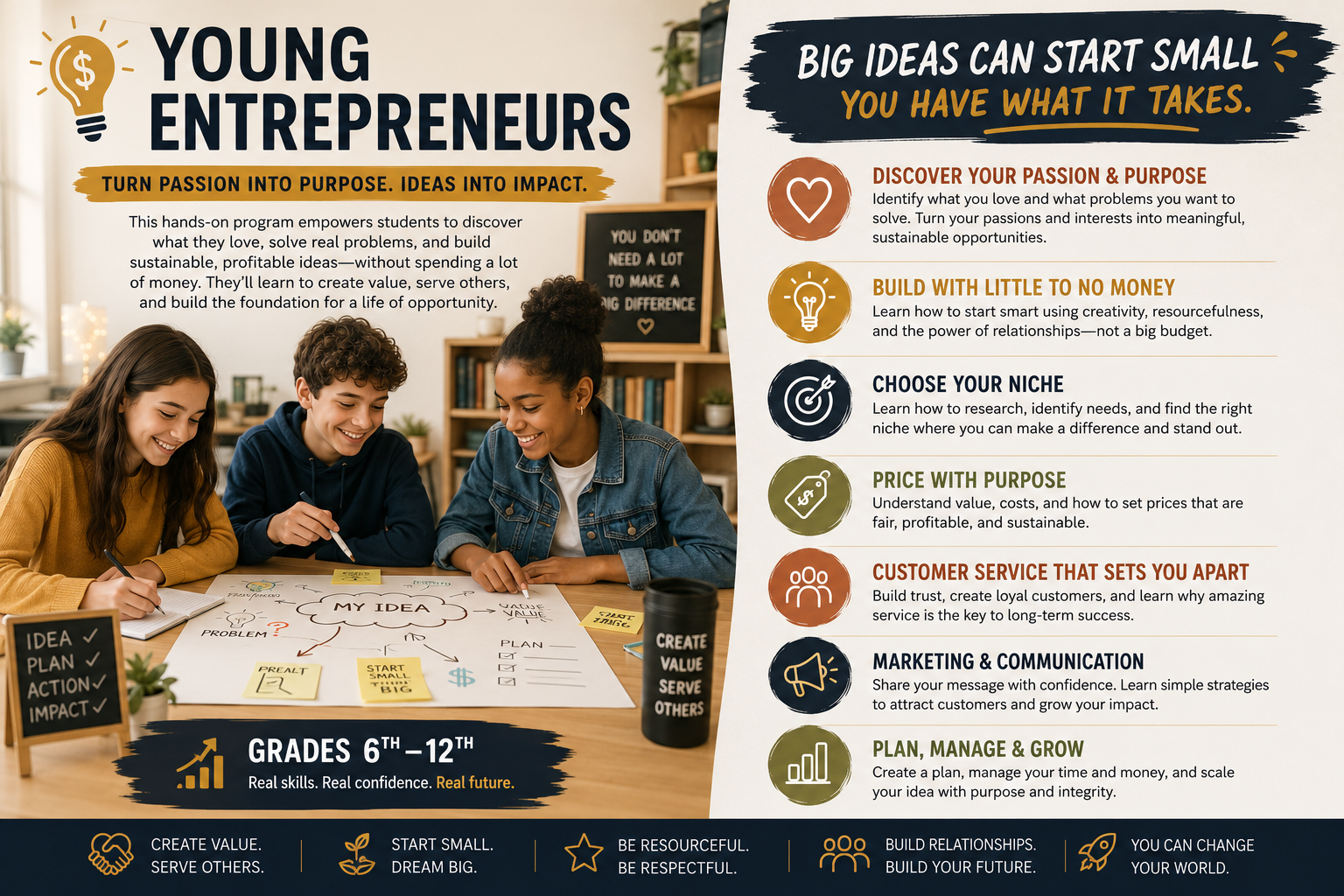 Young students working on a project about entrepreneurship, sitting around a table with notes and diagrams, surrounded by motivational posters and books, with a sign that says 'You don't need a lot to make a big difference.'