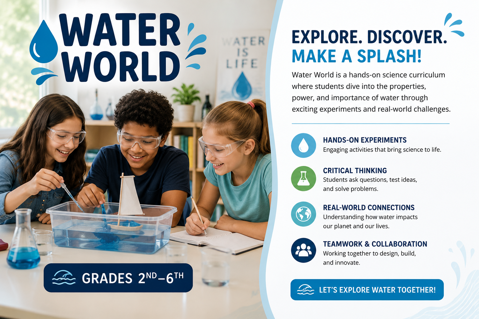 Children conducting a science experiment with water in a classroom setting, with educational materials and a poster that says 'Water is Life' in the background.