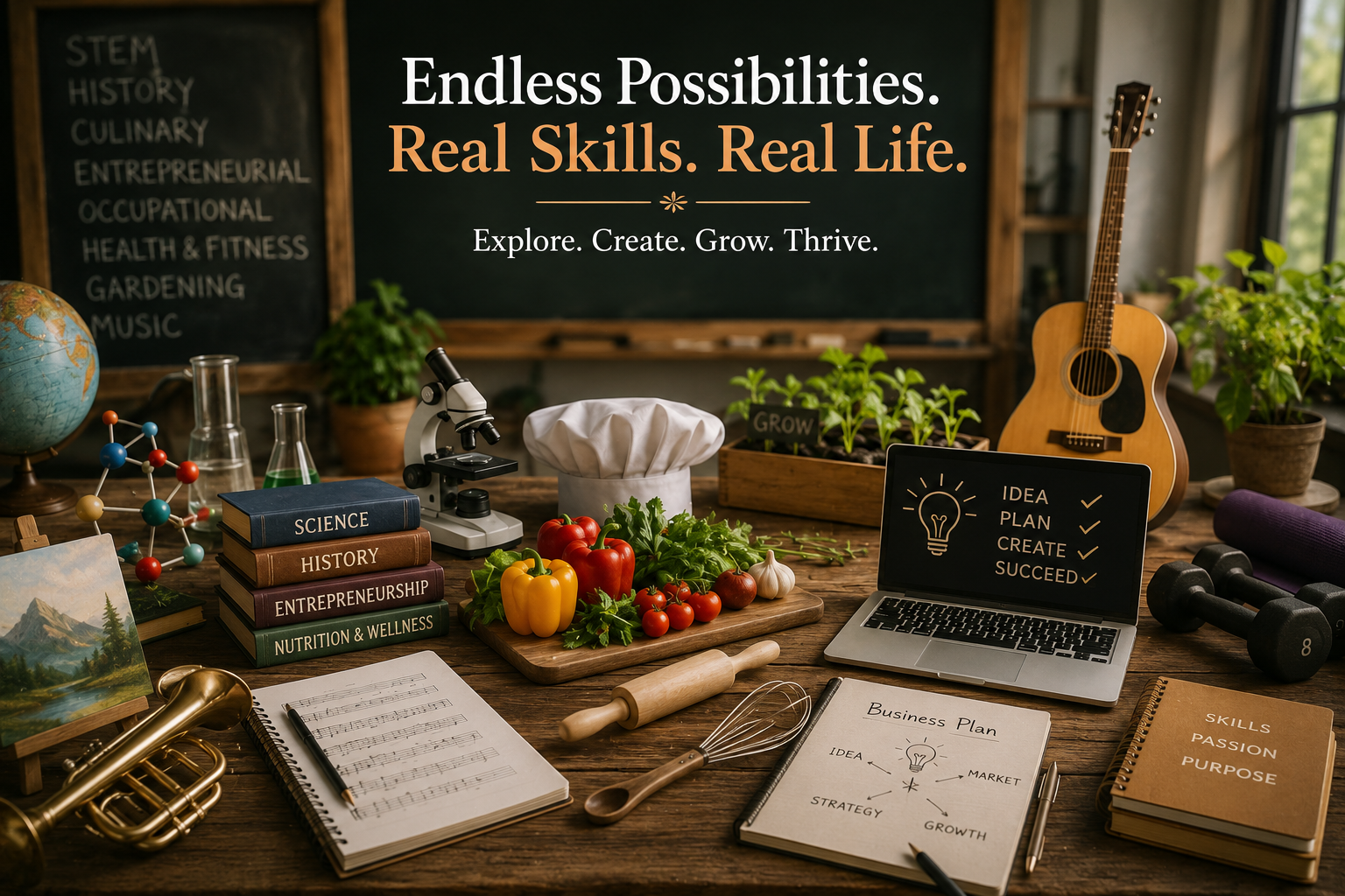 A classroom or workspace with educational and creative items, including books on science, history, entrepreneurship, and health, a globe, a microscope, vegetables on a cutting board, a guitar, a laptop with a ideas checklist, dumbbells, a notepad, and various plants.