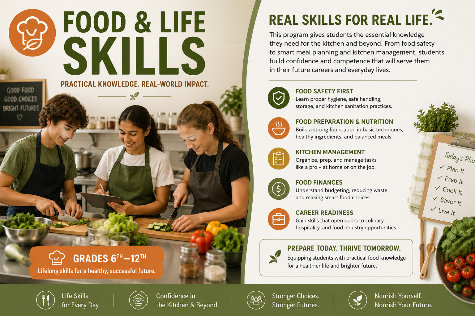 Poster for food and life skills program for students in grades 6th to 12th, featuring a photo of three students cooking vegetables in a kitchen, with text emphasizing practical skills like food safety, preparation, nutrition, kitchen management, finances, and career readiness.