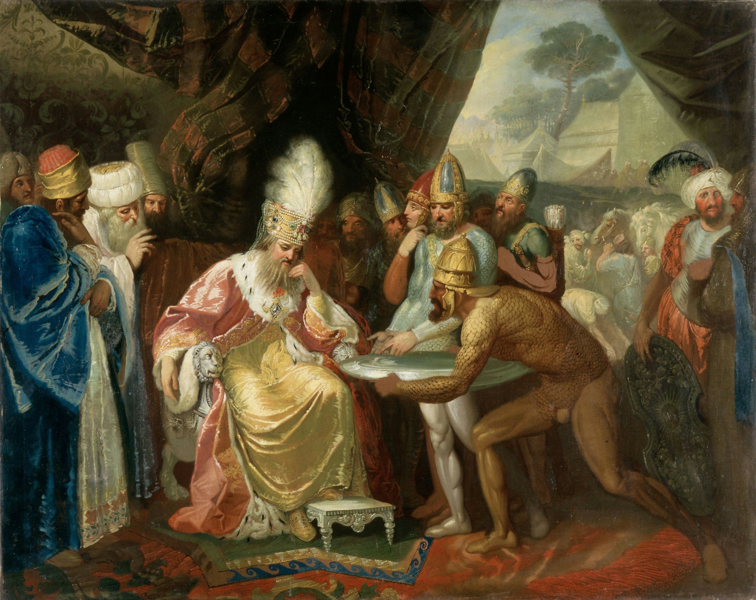 A historical painting depicting a royal court scene, with a bearded king seated on a throne during a ceremony, surrounded by courtiers, soldiers, and individuals in traditional Middle Eastern or Central Asian attire, with a landscape and palace in the background.