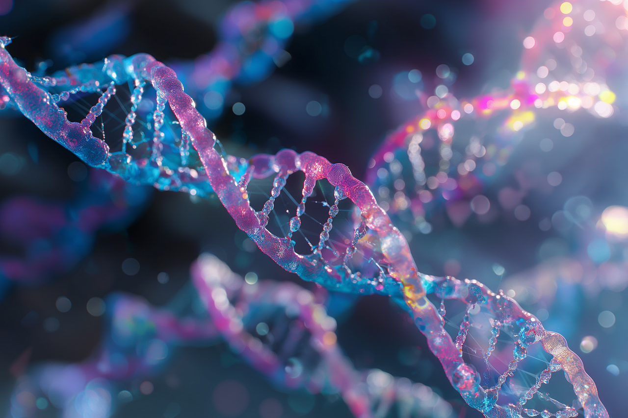 Close-up of a glowing, colorful DNA double helix strand in a digital, futuristic style with bokeh effect.