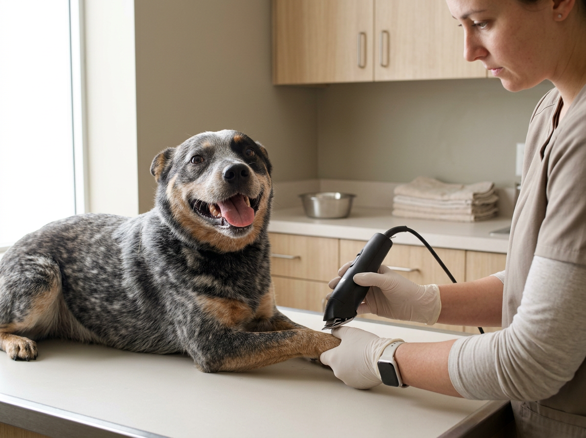 A veterinary oncologist examining a dog for cancer - lymphoma, bone cancer, skin cancer, melanoma, mast cell tumour.
