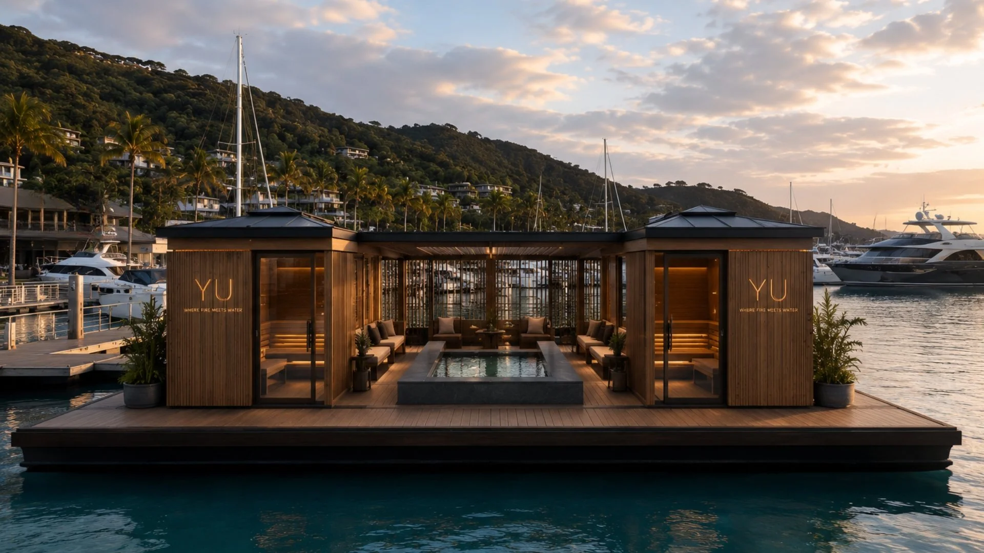 Luxury floating lounge on a marina with yachts and boats, surrounded by hills and a partly cloudy sky at sunset.