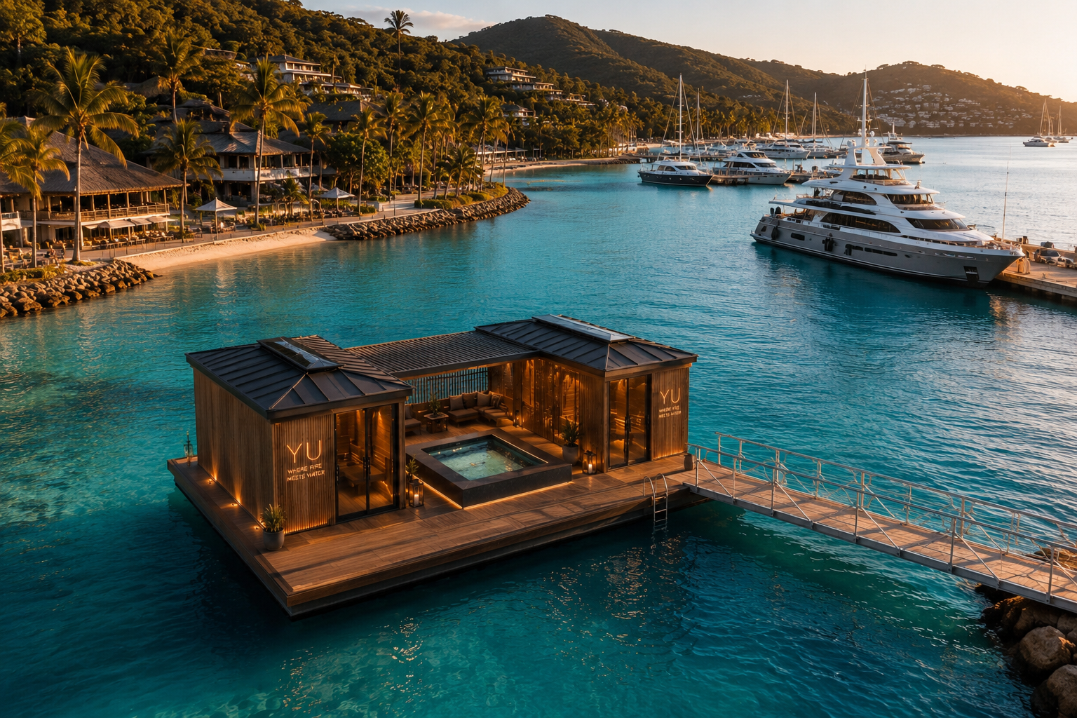 A luxurious floating deck with a hot tub and sitting area at sunset, surrounded by turquoise water, with yachts docked nearby and a hillside with houses and palm trees in the background.