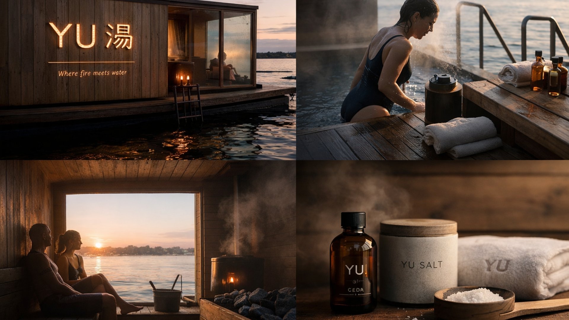 A woman sitting in a hot tub by a lake at sunset, with a wooden dock, bottles of bath products, and a steaming room with a couple relaxing and a candle on a wooden table.