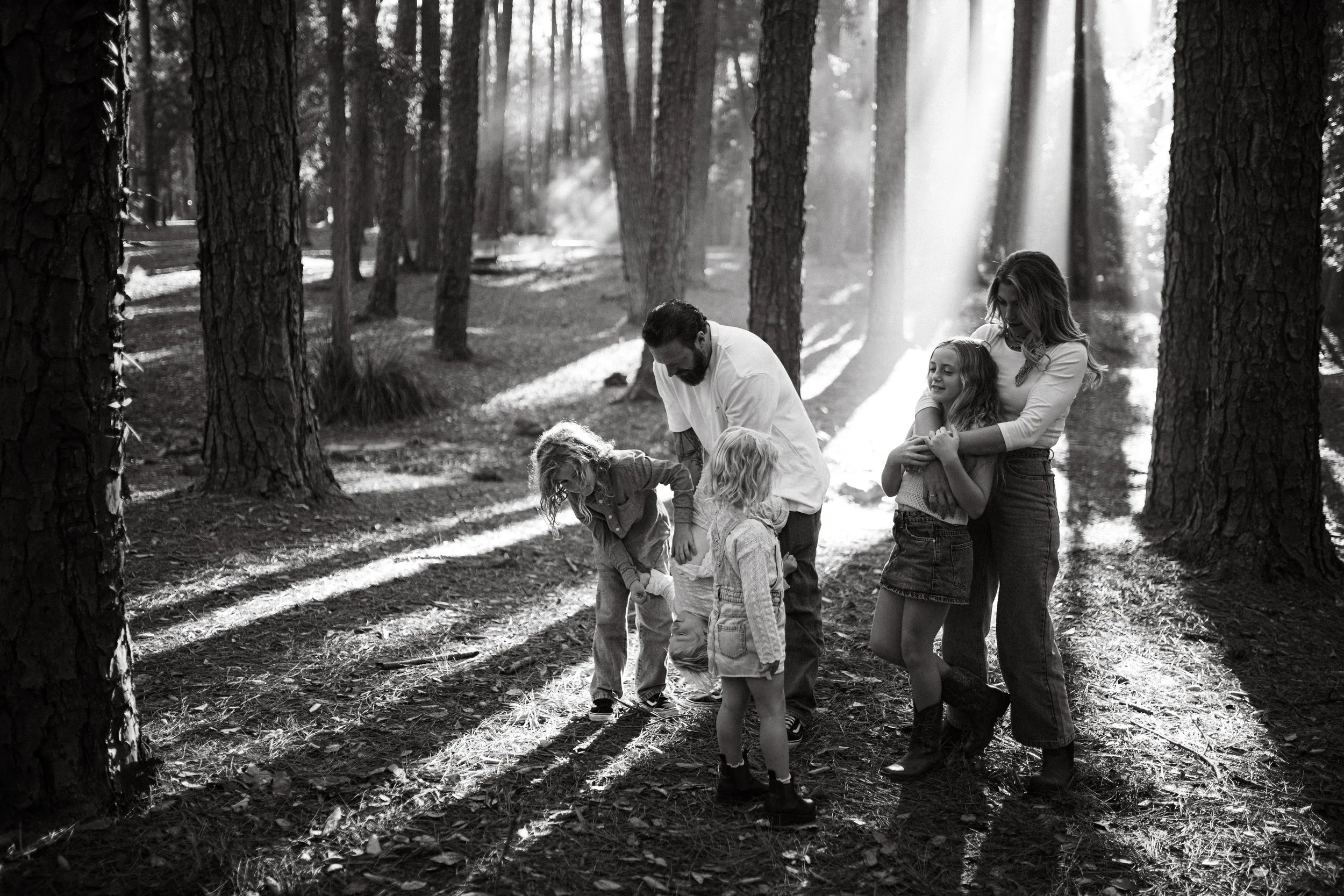 A family of six, including two adults and four children, walking through a wooded forest with tall trees. Sunlight filters through the trees, casting light and shadows on the ground and the group.