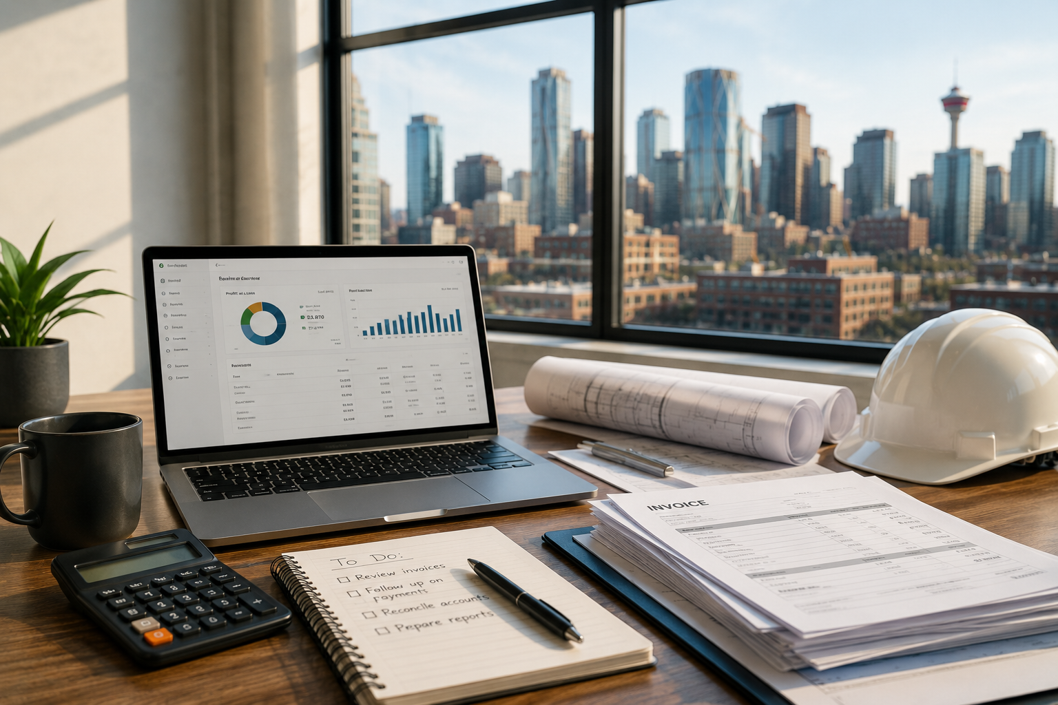 Office desk with a laptop displaying financial graphs, architectural blueprints, rolling papers, a hard hat, a notepad with a to-do list, a calculator, a pen, a mug, and a potted plant, with large windows showing a city skyline.