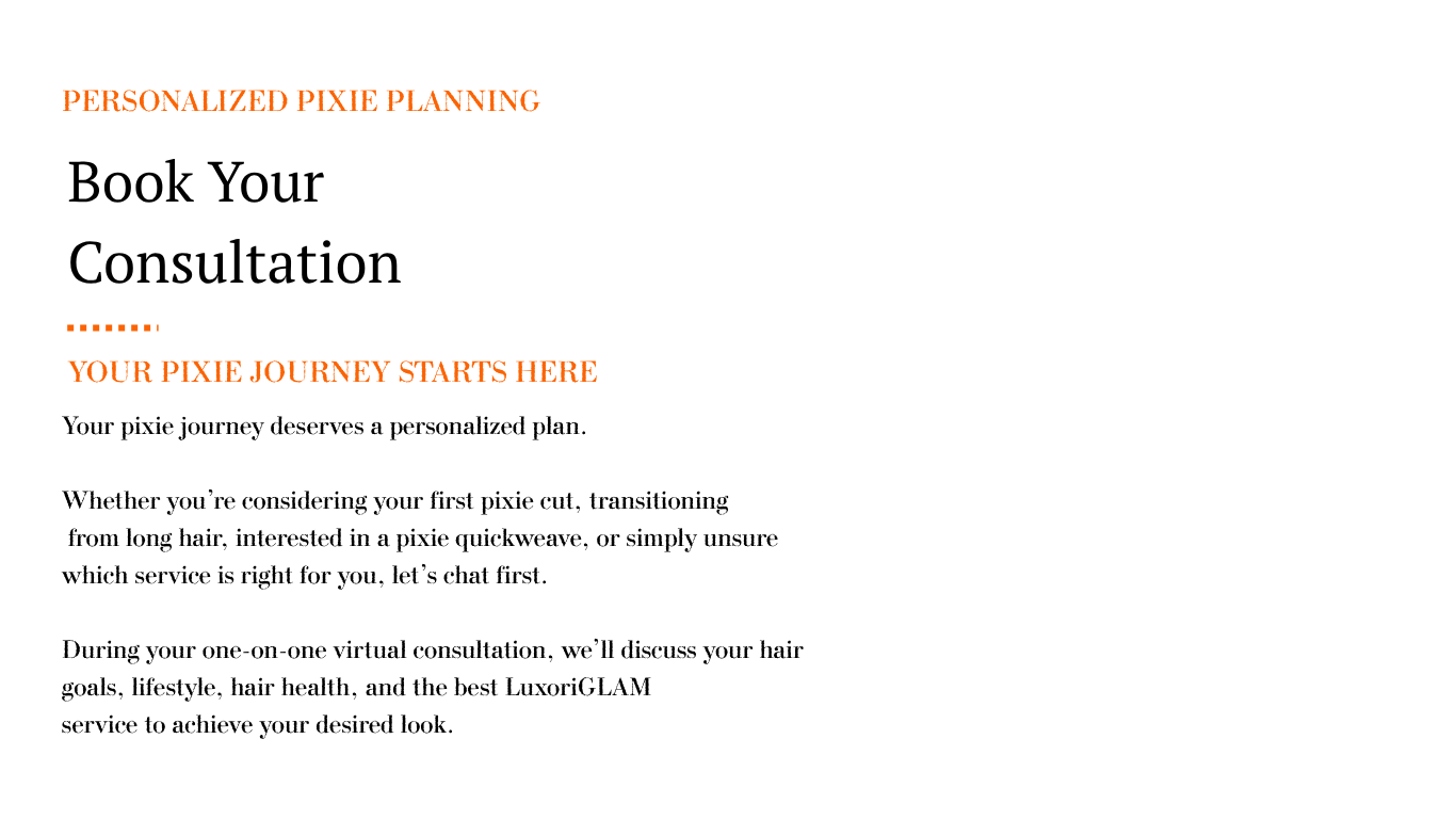 A booking page for a personalized pixie haircut consultation with black and orange text on a white background.