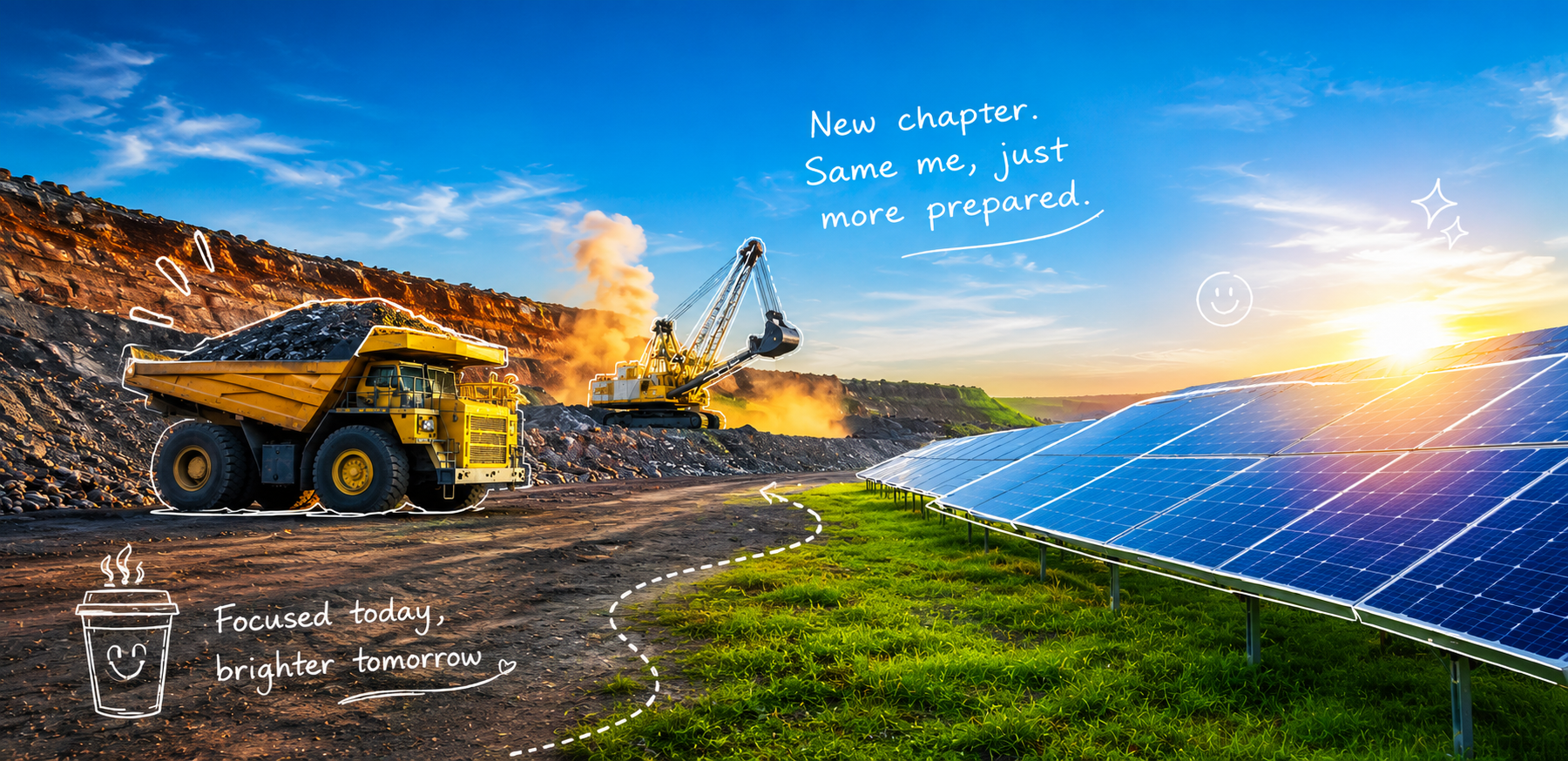 Construction site with solar panels, construction vehicles, and a scenic sunset, with handwritten inspirational quotes about future and environment.