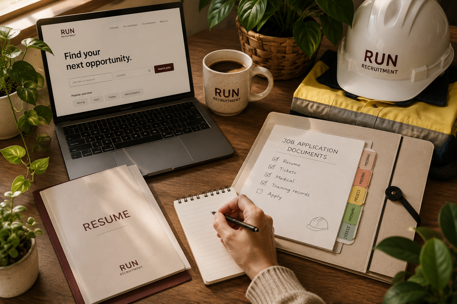 Work desk with a laptop displaying a job search website, a resume folder, a notepad, a person writing, a printed job application checklist, a cup of coffee, a construction helmet, and plants.