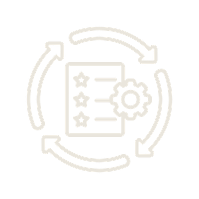 Icon of a checklist with stars and a gear, surrounded by red arrows forming a cycle, representing process or automation.