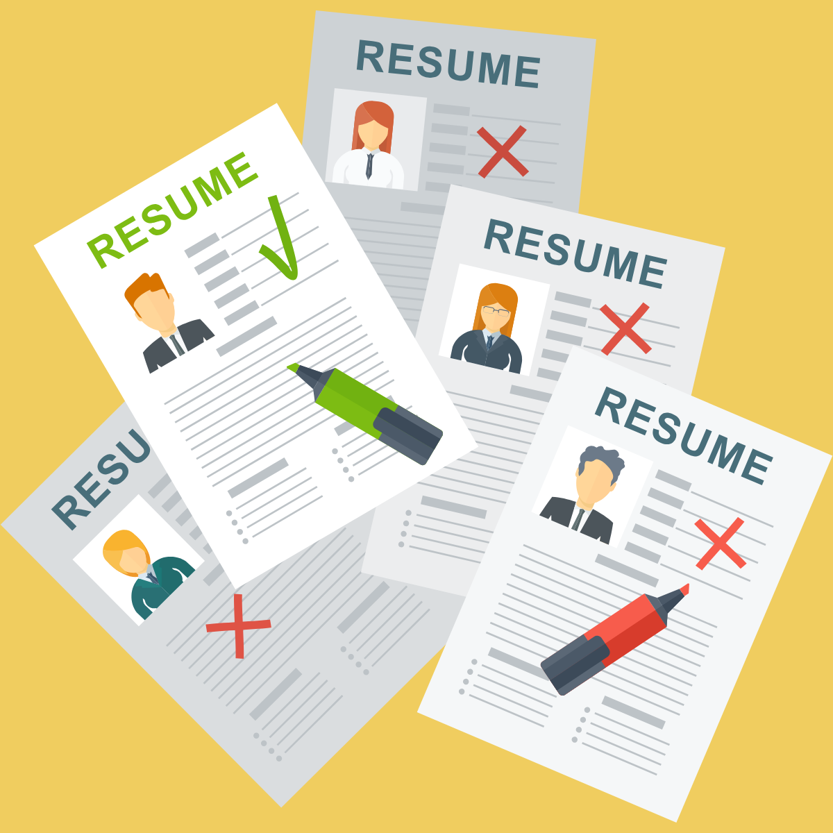 Several resumes scattered on a surface with one resume marked with a green checkmark, indicating approval, and others marked with red X's, indicating rejection.