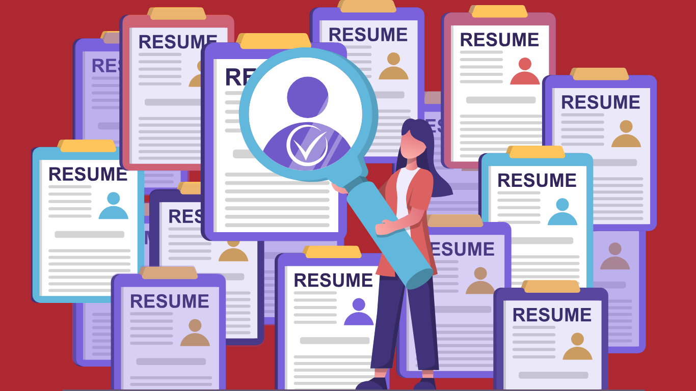 An illustration of a woman holding a magnifying glass examining a large resume among many resumes on clipboards, set against a red background.