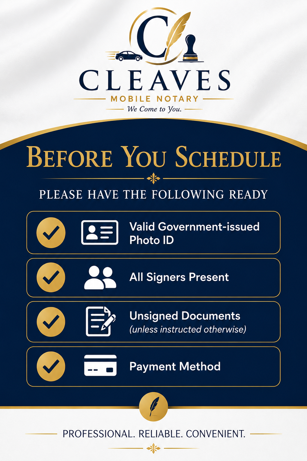 A sign for Cleaves Mobile Notary with a navy and gold color scheme. It lists required items before scheduling an appointment, including a valid government-issued photo ID, all signers present, unsigned documents unless instructed otherwise, and a payment method. The sign features icons for each requirement, and the company's slogan, "We Come to You," is included.