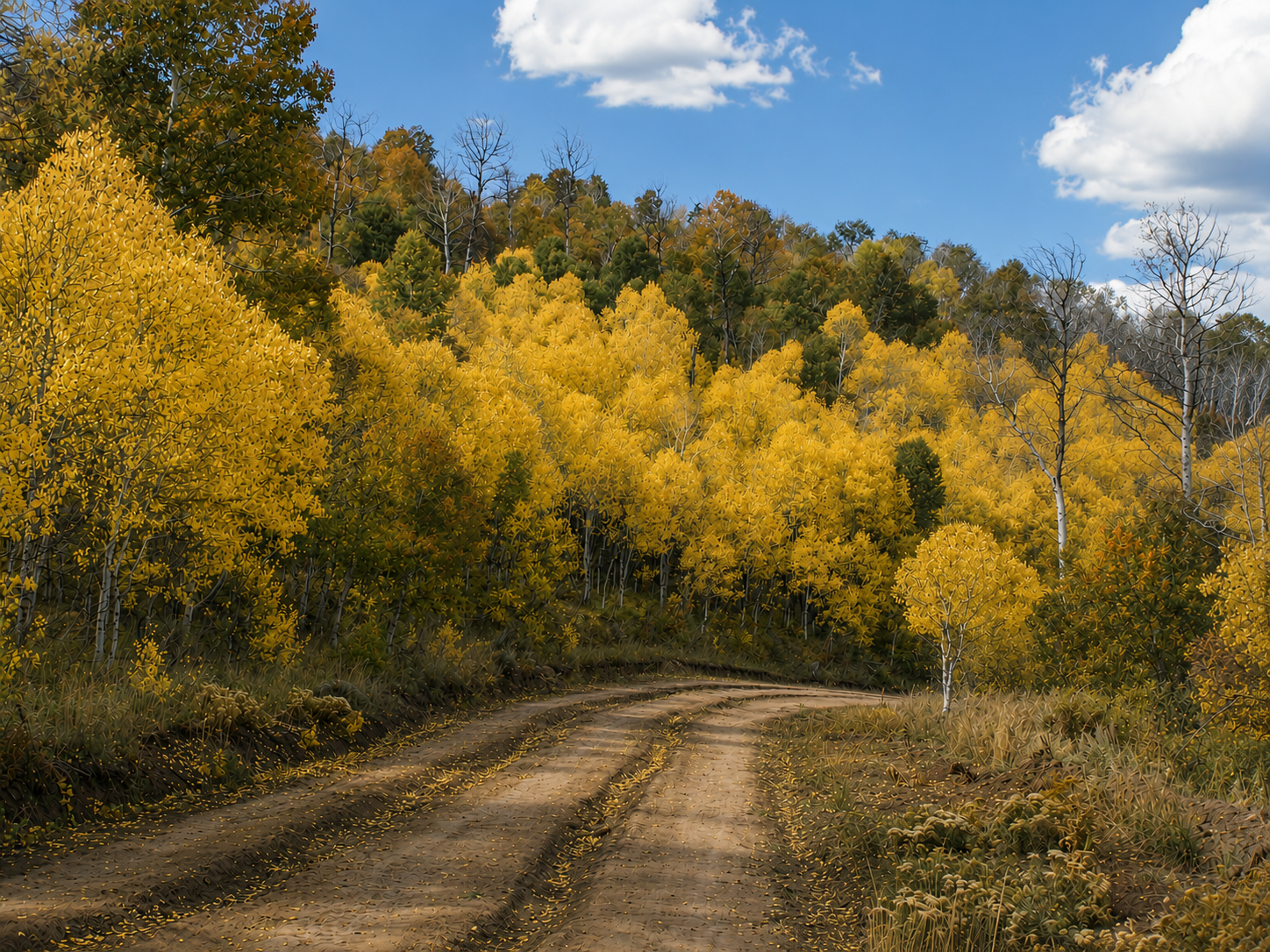 A road through a mixed aspen forest.