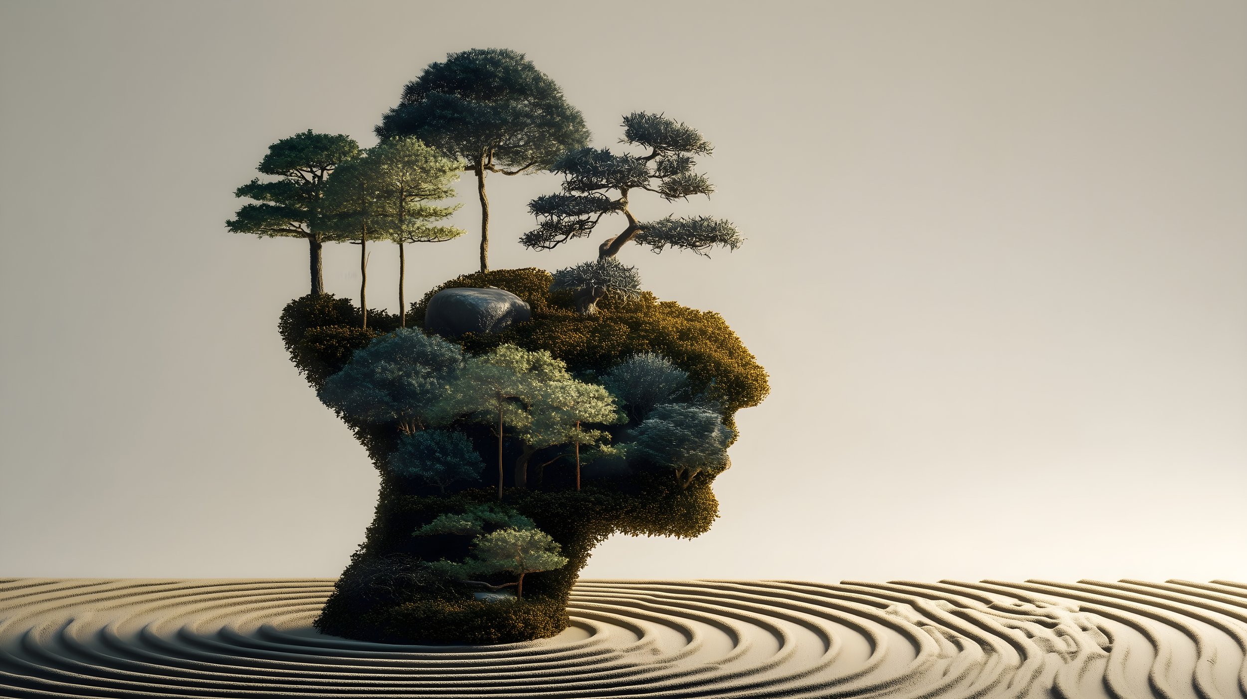 A surreal landscape featuring a human profile silhouette created by a floating island with trees, rocks, and foliage, surrounded by concentric sand raked patterns.