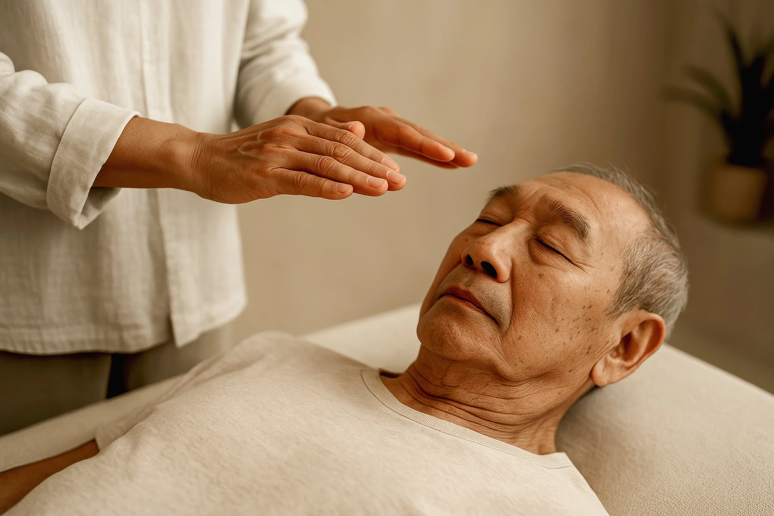 A person with hands raised above an elderly man lying down with his eyes closed, possibly receiving a treatment or massage.