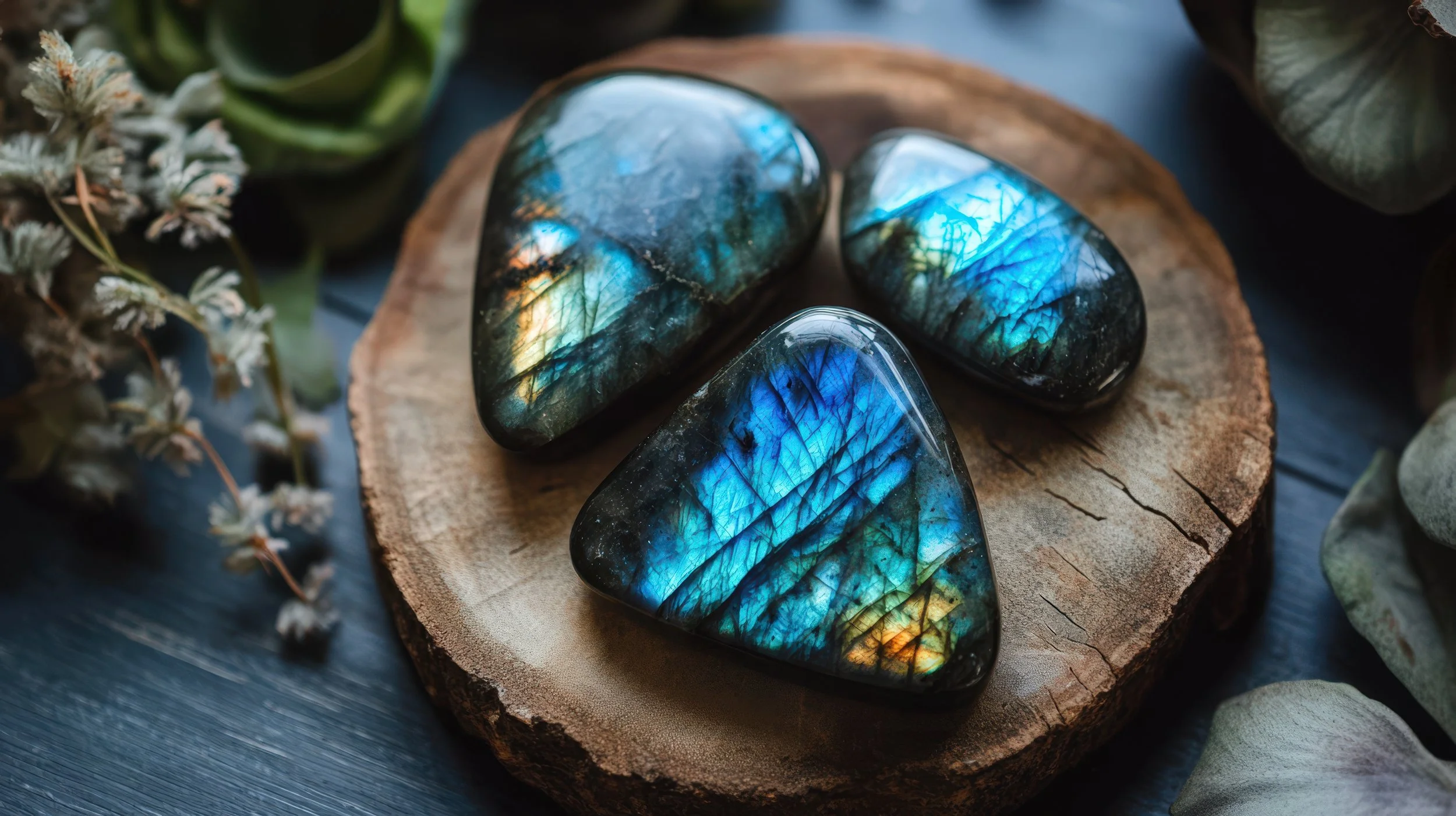 Three polished labradorite stones with iridescent blue and green hues resting on a round wooden slice. Around the wooden slice are dried white flowers and green leaves on a dark surface.