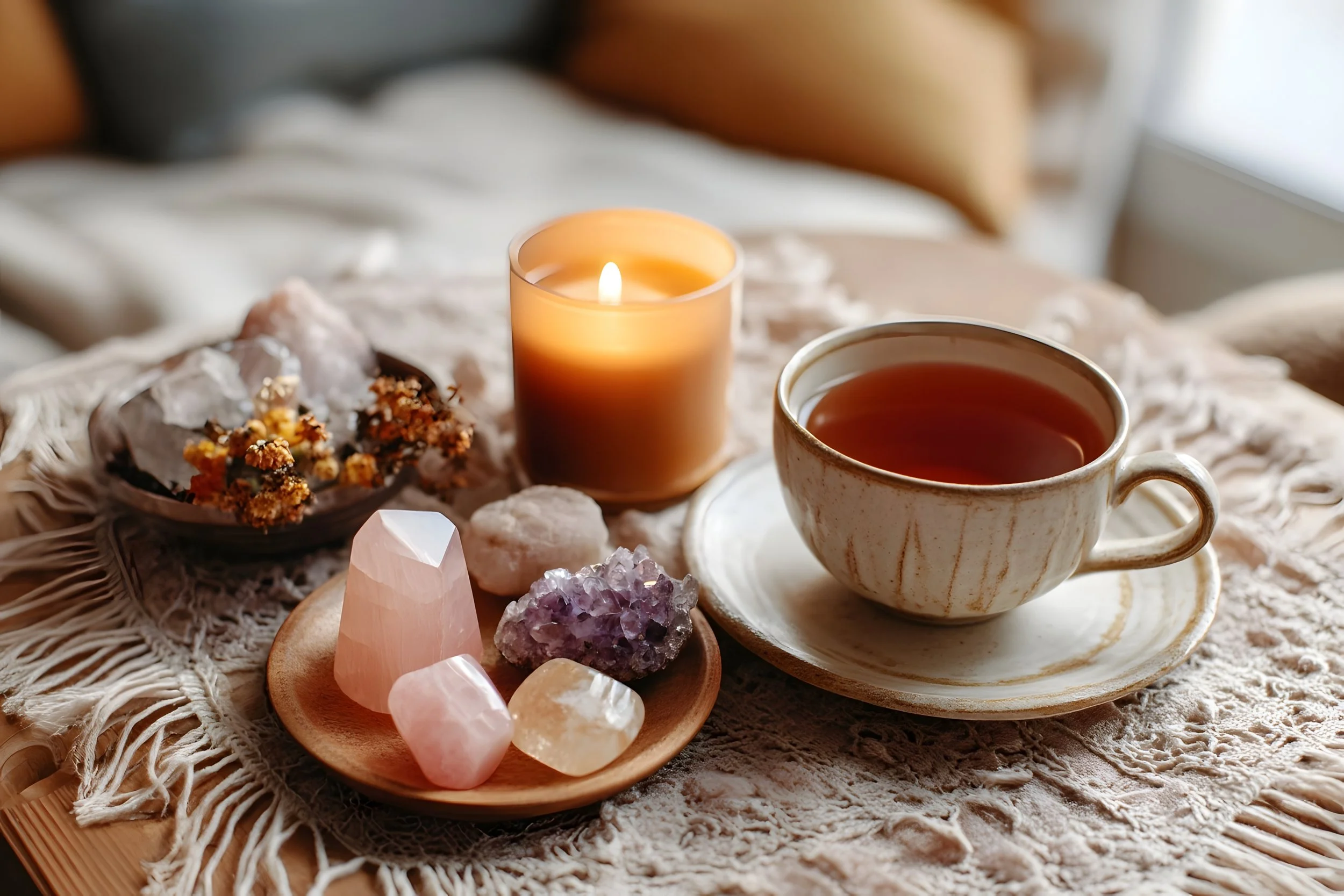 A cozy setup on a woven mat featuring a lit candle, a cup of tea, a crystal, rose quartz, and a gemstone, with soft pillows in the background.