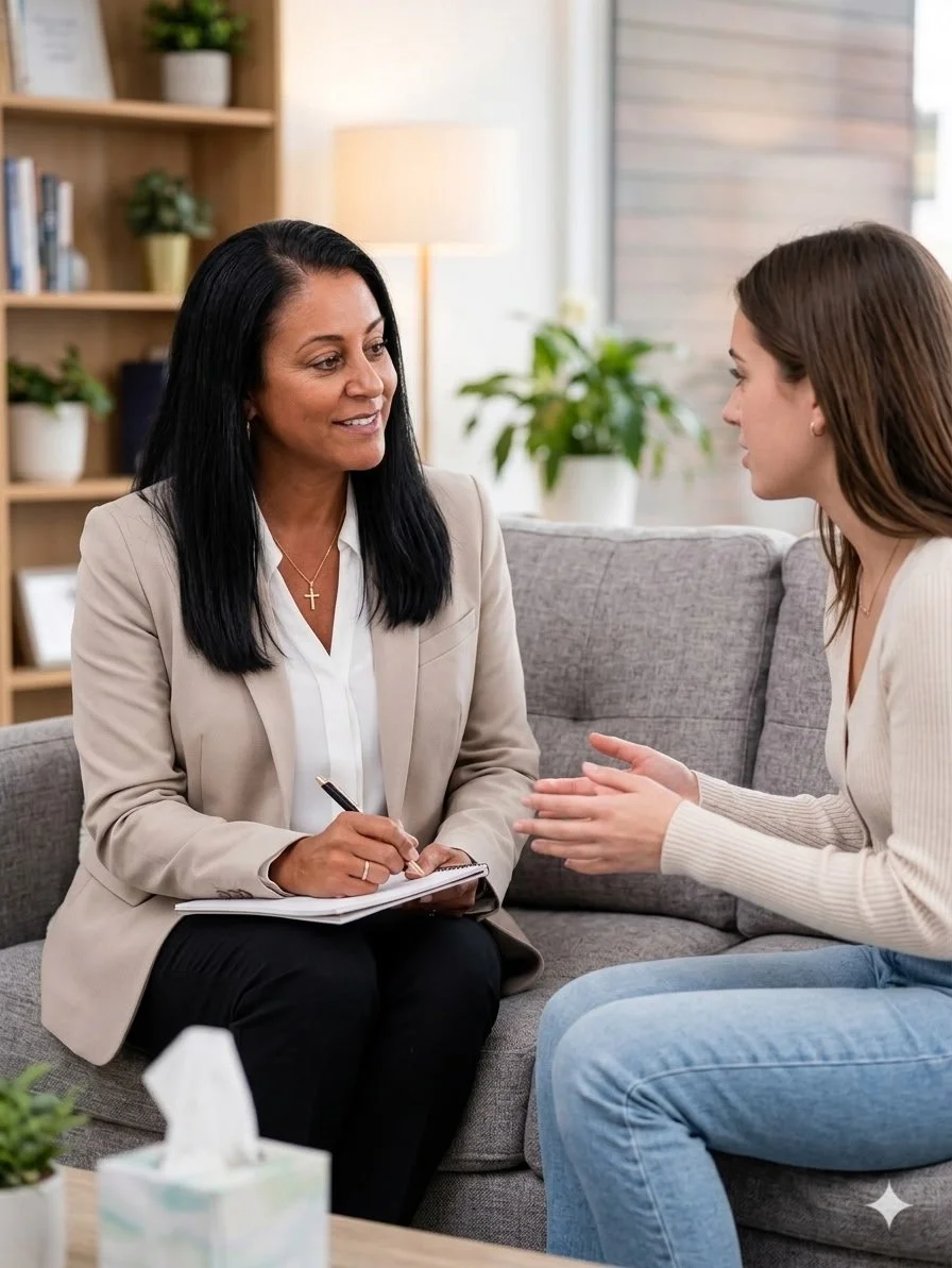A woman therapist takes notes while speaking with a young woman client during a counseling session in a cozy, well-lit office.