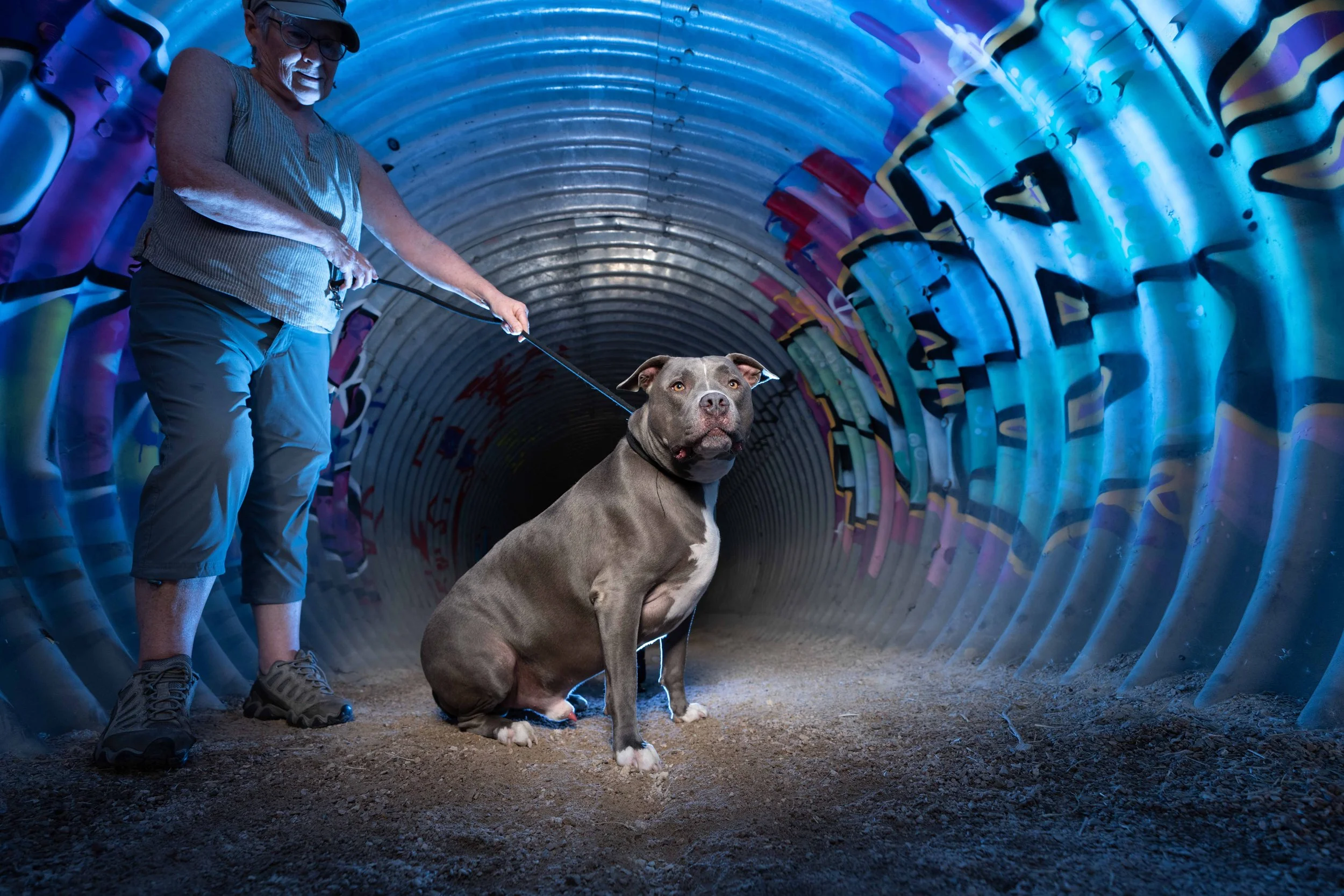 A woman in outdoor clothing and glasses holds a leash attached to a large gray pitbull inside a graffiti-covered tunnel with blue lighting.