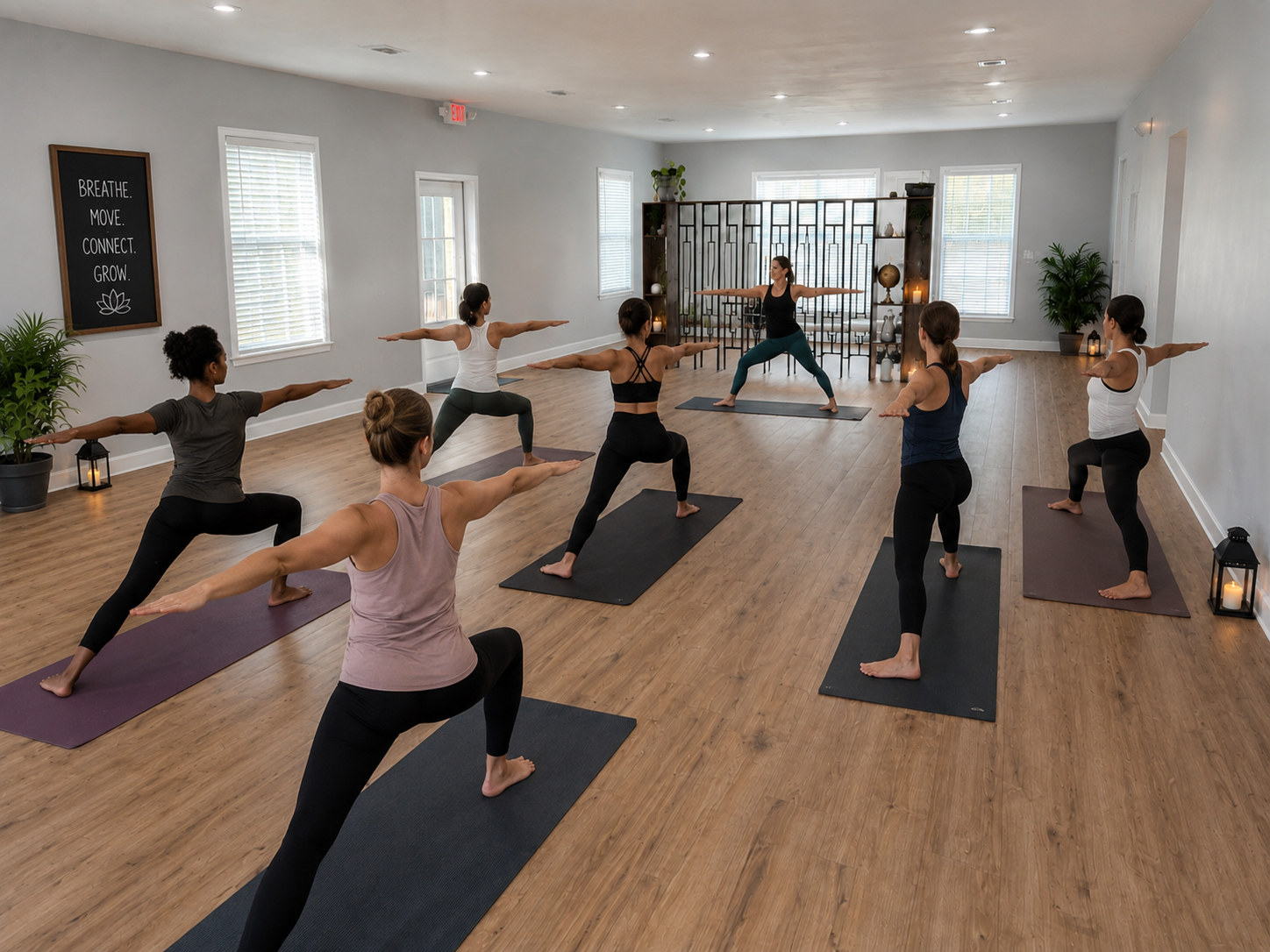 A yoga class with eight women in a spacious, well-lit studio, following an instructor at the front.