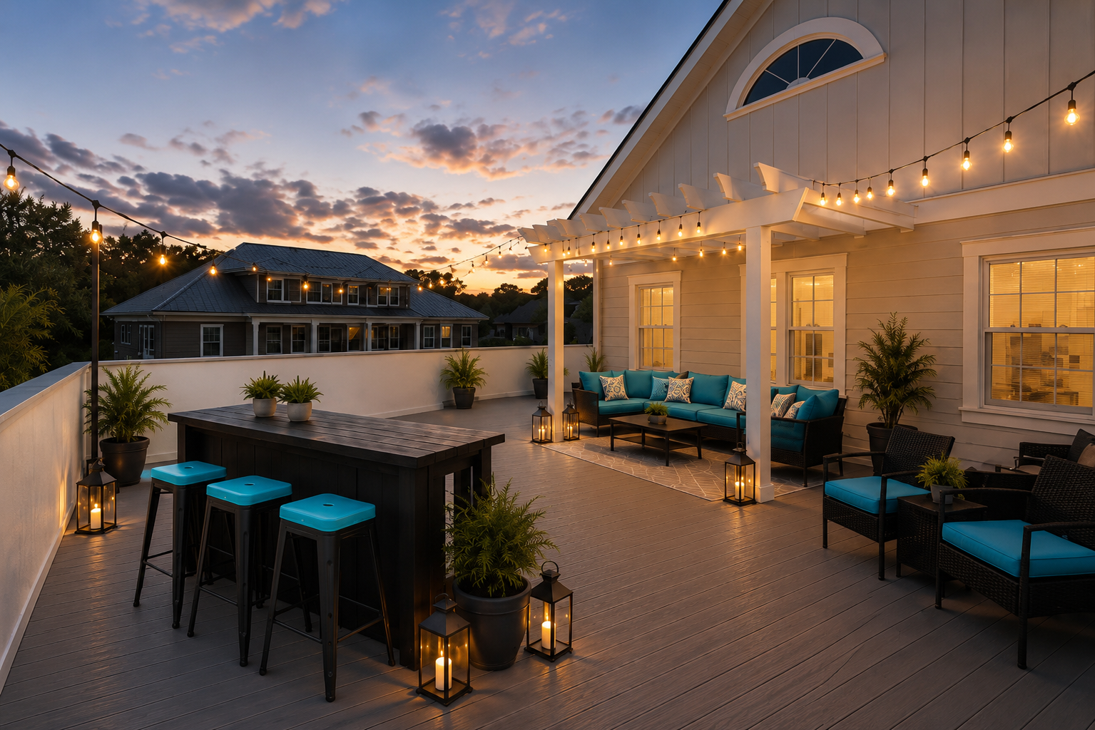 Rooftop/outdoor space
“Outdoor gathering and event space at The Den with comfortable seating and string lights.”