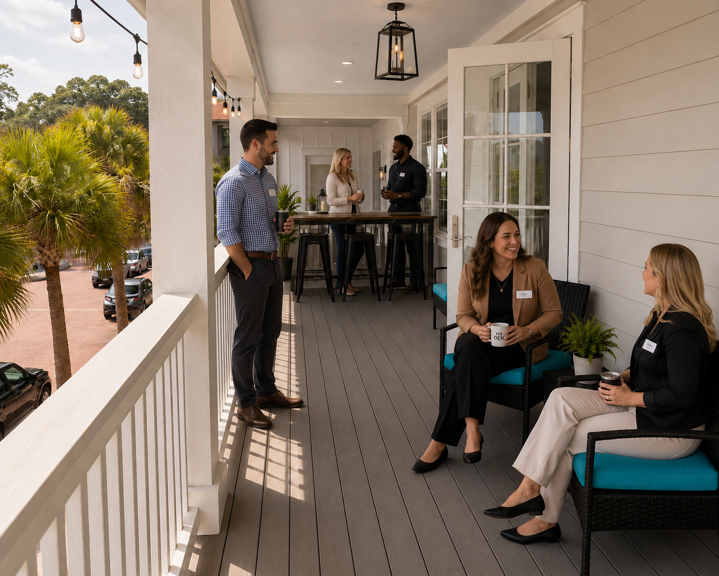 Networking porch
“Professionals networking and connecting on the outdoor porch at The Den.”