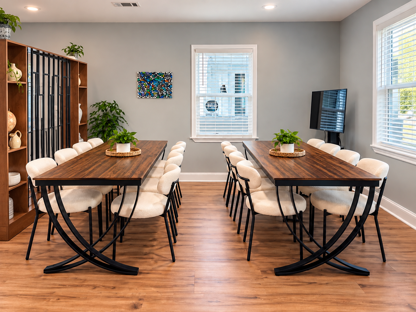 A modern conference room with two wooden tables pushed together, surrounded by white upholstered chairs with black legs, two potted plants in center of each table, a wooden shelving unit with decorative items on the left, a window with blinds on the back wall, and a flat-screen TV mounted on the right wall.