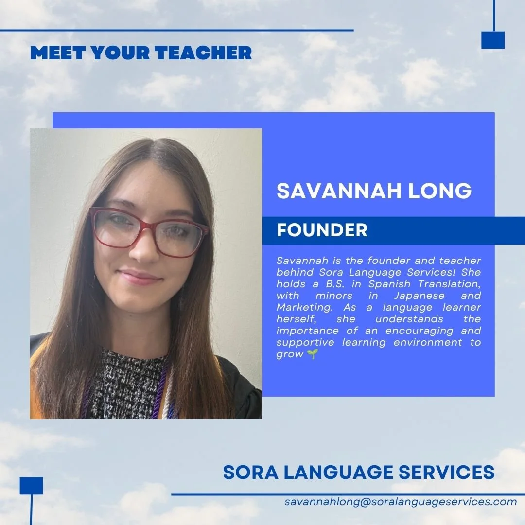 A digital introduction card featuring a woman with glasses, labeled as Savannah Long, founder of Sora Language Services. The card includes her photo, name, title, a brief bio, and contact email on a sky background with clouds.