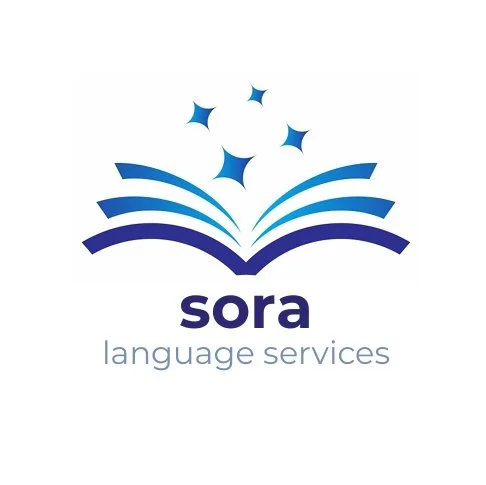 A logo for Sora Language Services featuring an open book with blue stylized pages and four blue stars above it.