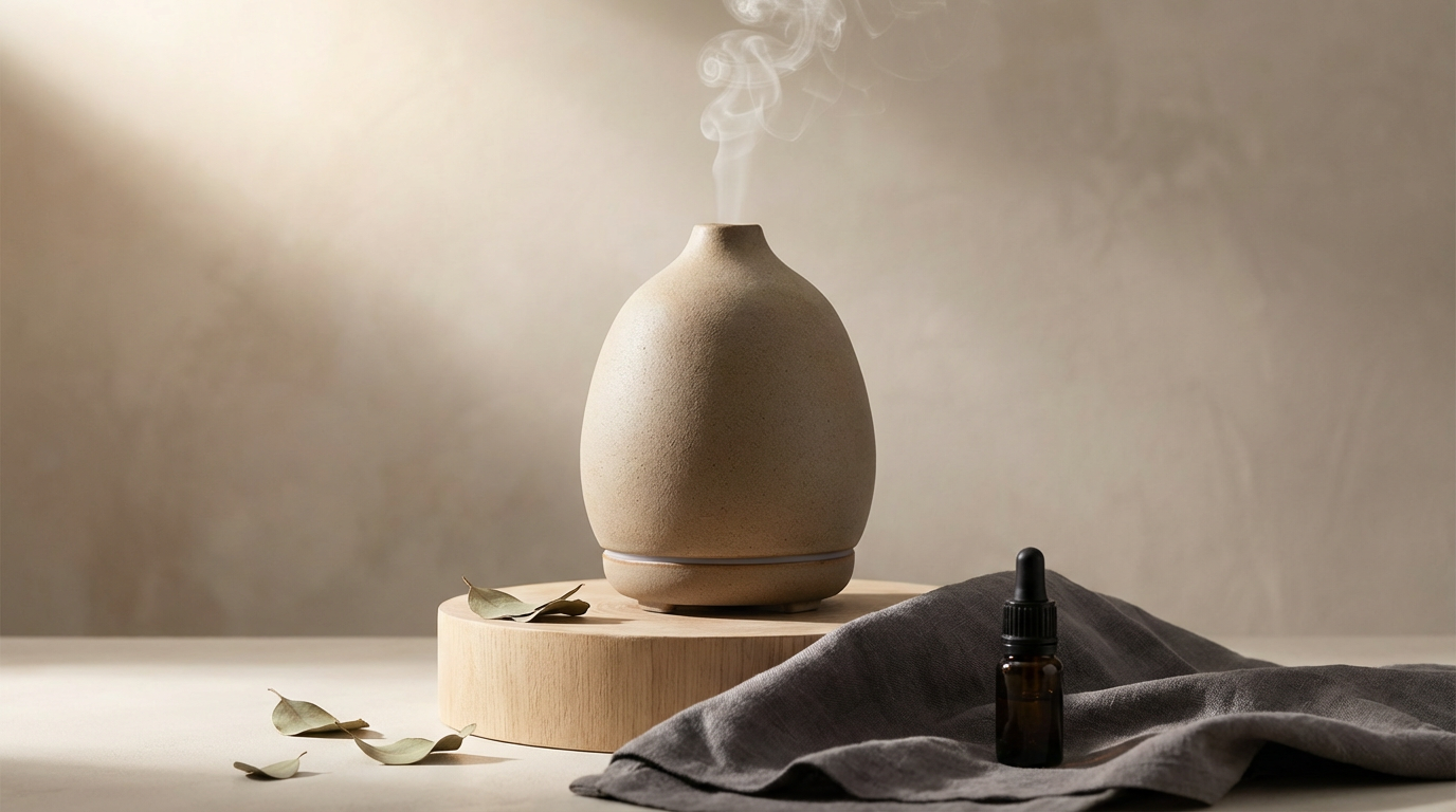 A beige, textured ceramic diffuser emitting vapor, placed on a round wooden platform. Surrounding it are dried leaves, a small brown dropper bottle, and a gray cloth on a light-colored surface with a plain beige background.